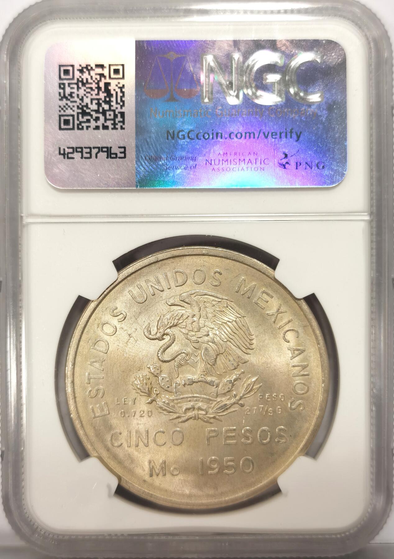 博洋堂世界钱币拍卖第106期（全场包邮） NGC MS65 墨西哥1950年东南铁路5比索大银币，黄油转光，高分一步到位。HA12月5日64分成交价折合1489元。