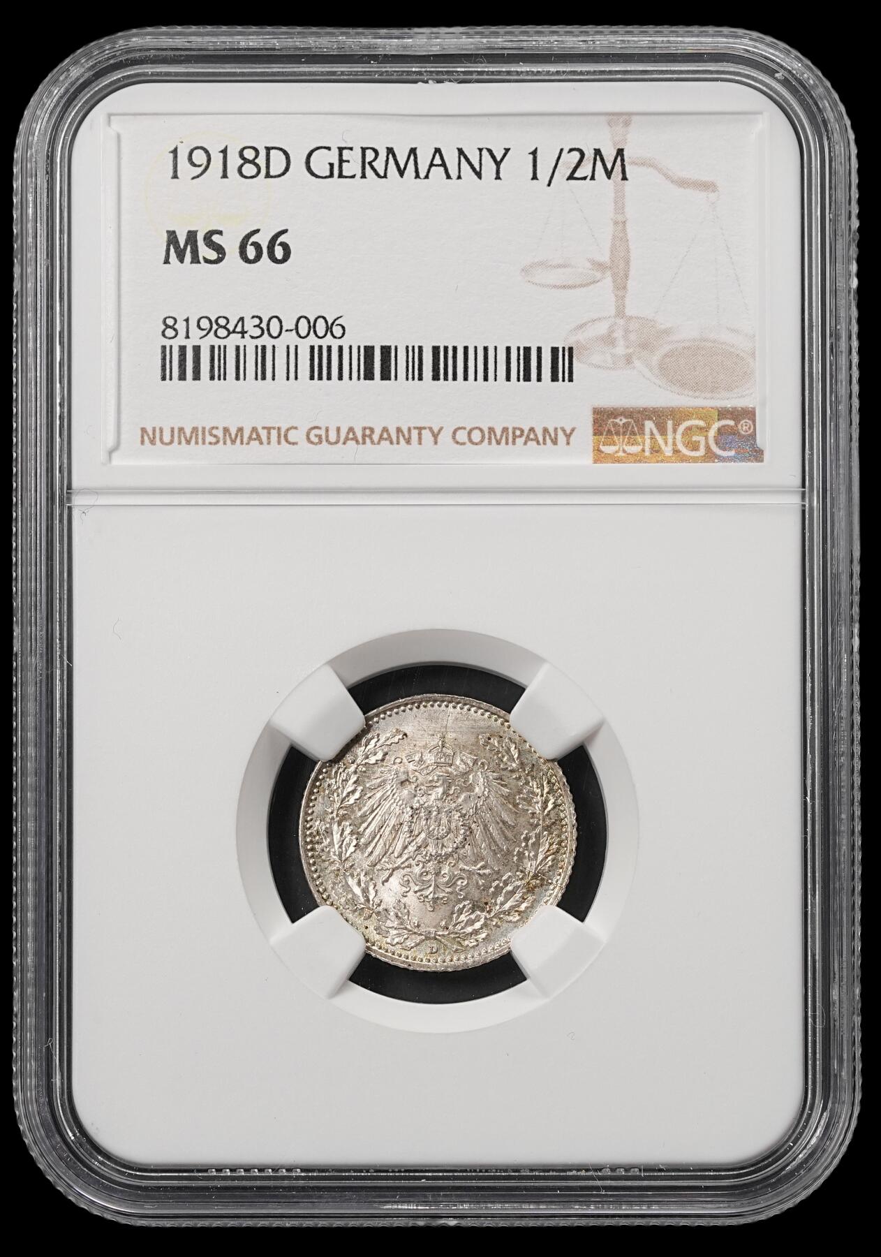 修遠堂世界钱币第五十三期 全场包邮 NGC MS66 1918年德国1/2马克银币