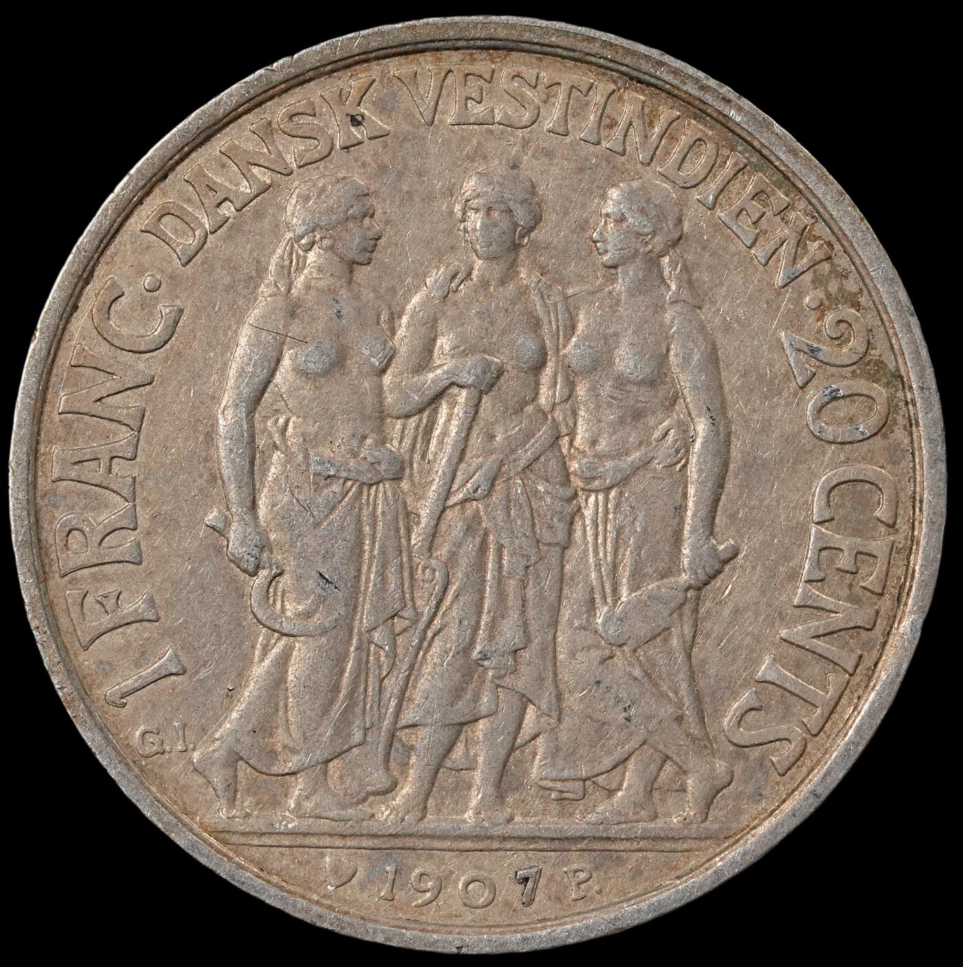 修遠堂世界钱币第五十三期 全场包邮 1907年丹属西印度20分银币 4.96g 少见品种
