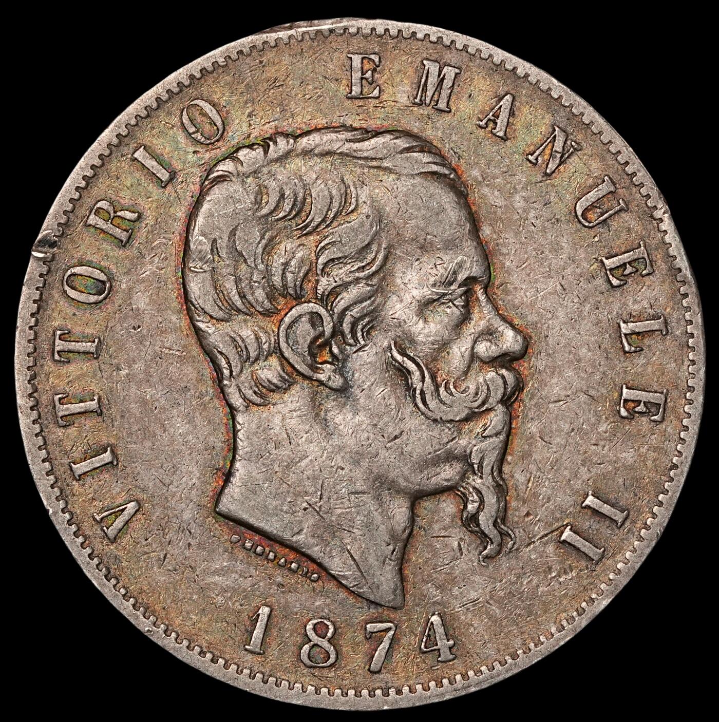修遠堂世界钱币第五十三期 全场包邮 1874年意大利5里拉大银币 24.86g