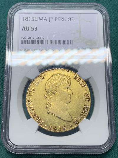 《竞宝斋》第344场 周日，周一，2场连拍 （全场包邮） - NGC AU53 西属秘鲁1815年费七8埃斯库多大金币 竞宝斋首见，稀少品种，少见早期年份，铸打深峻，人像传神，ngc低评可交叉换盒。24年HA同分1817年版2650美元成交