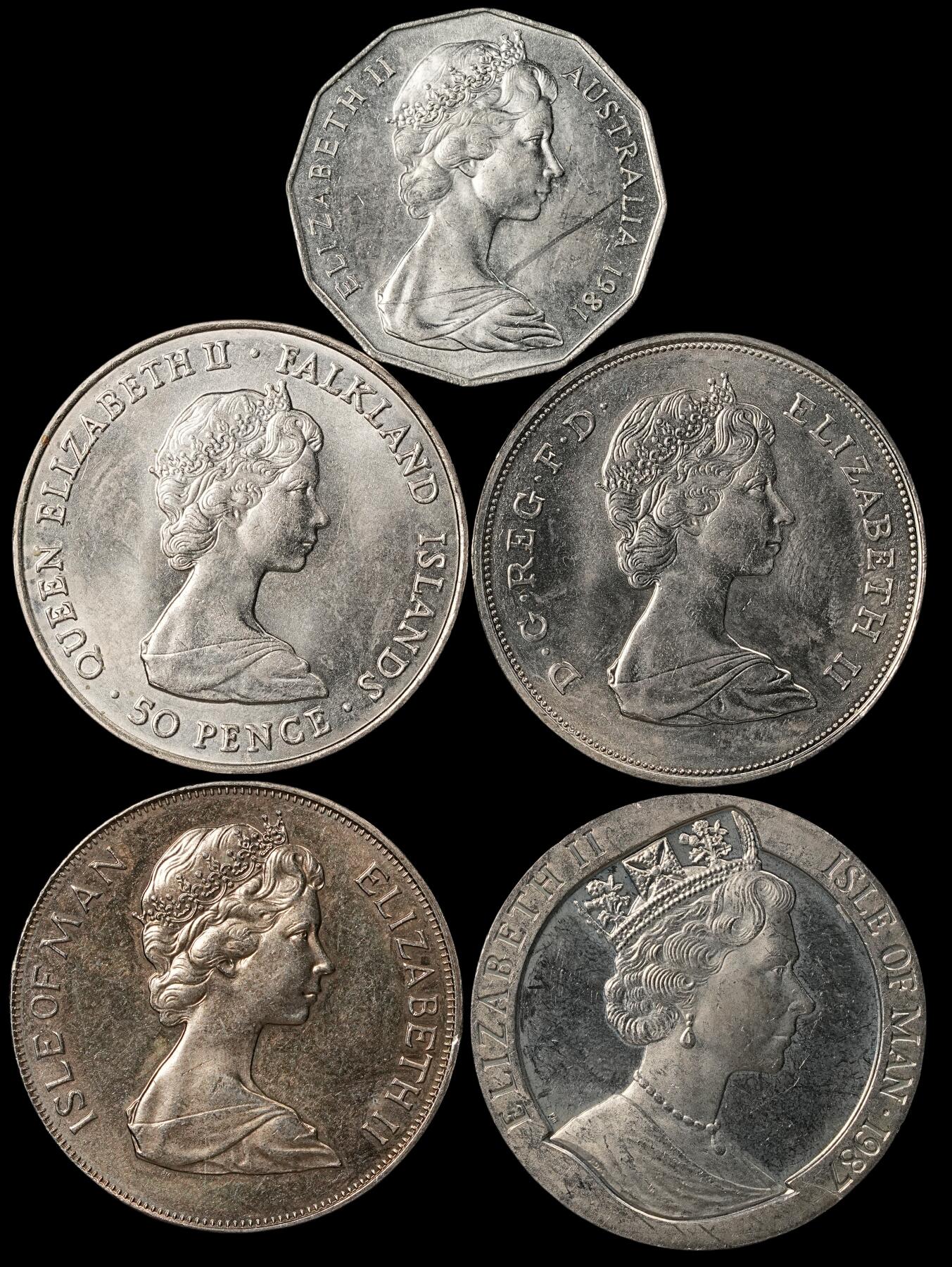 修遠堂世界钱币第五十三期 全场包邮 英国以及英联邦克朗型大镍币4枚加一枚澳大利亚50分