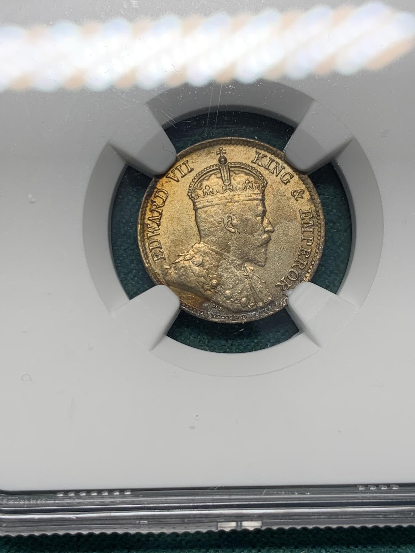 《竞宝斋》第344场 周日，周一，2场连拍 （全场包邮） NGC UNC 香港 1902年 爱德华七世 一毫 银币 五彩光币