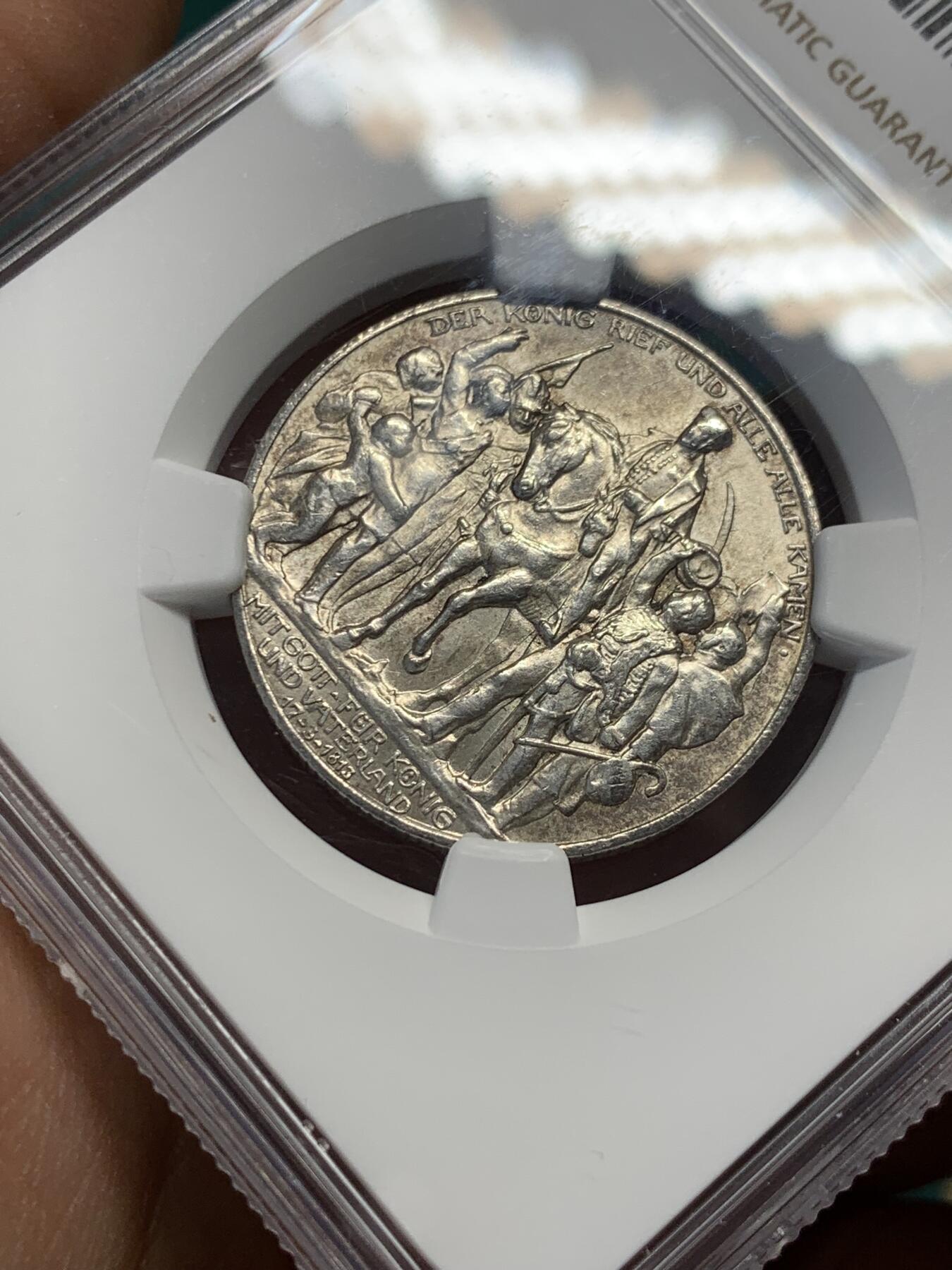 《竞宝斋》第344场 周日，周一，2场连拍 （全场包邮） NGC UNCD 1913年德国普鲁士战胜拿破仑2马克银币