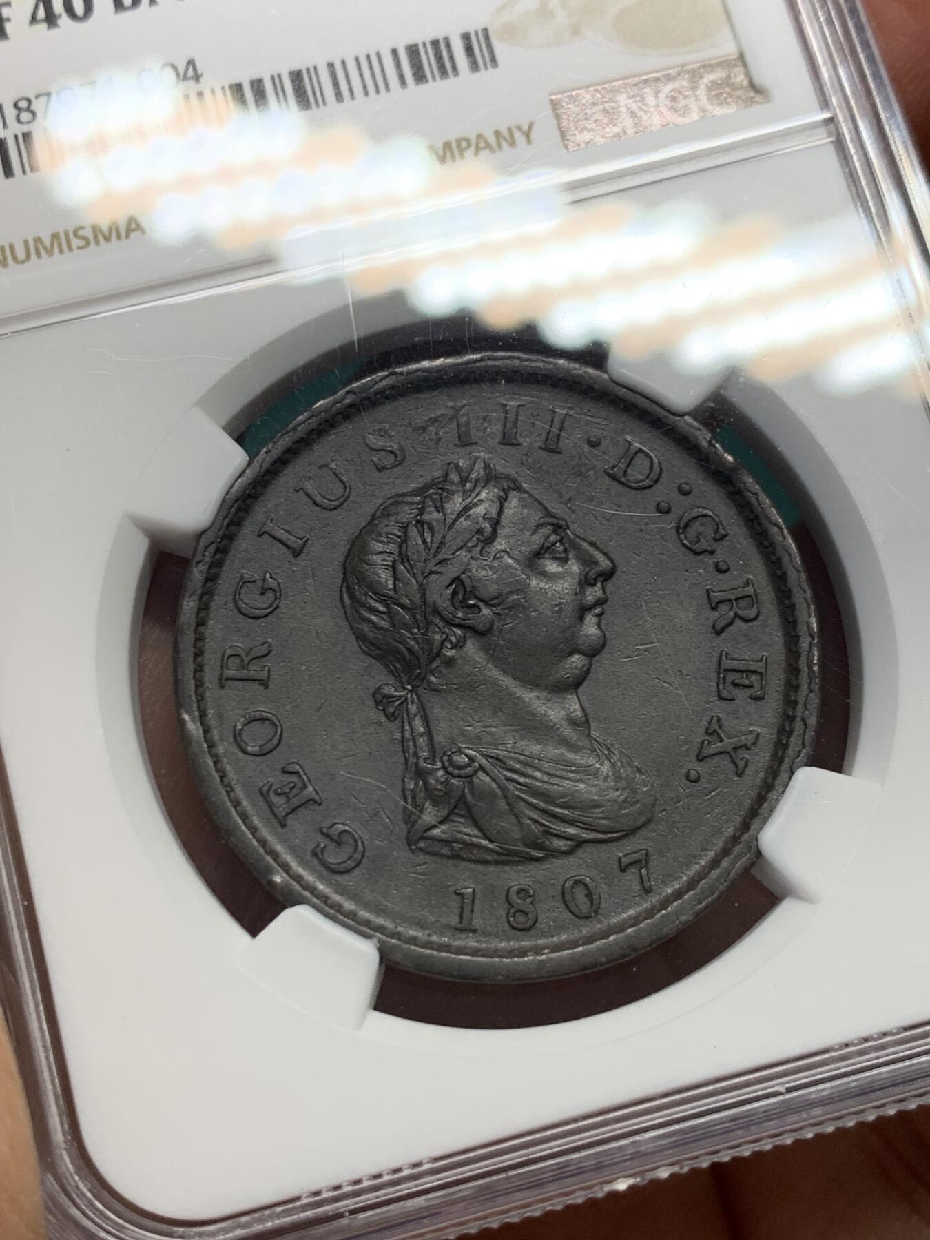 《竞宝斋》第344场 周日，周一，2场连拍 （全场包邮） NGC XF40BN 英国1807年乔治三世一便士 铜光依存，人物细节到位，出分不易，性价比高。