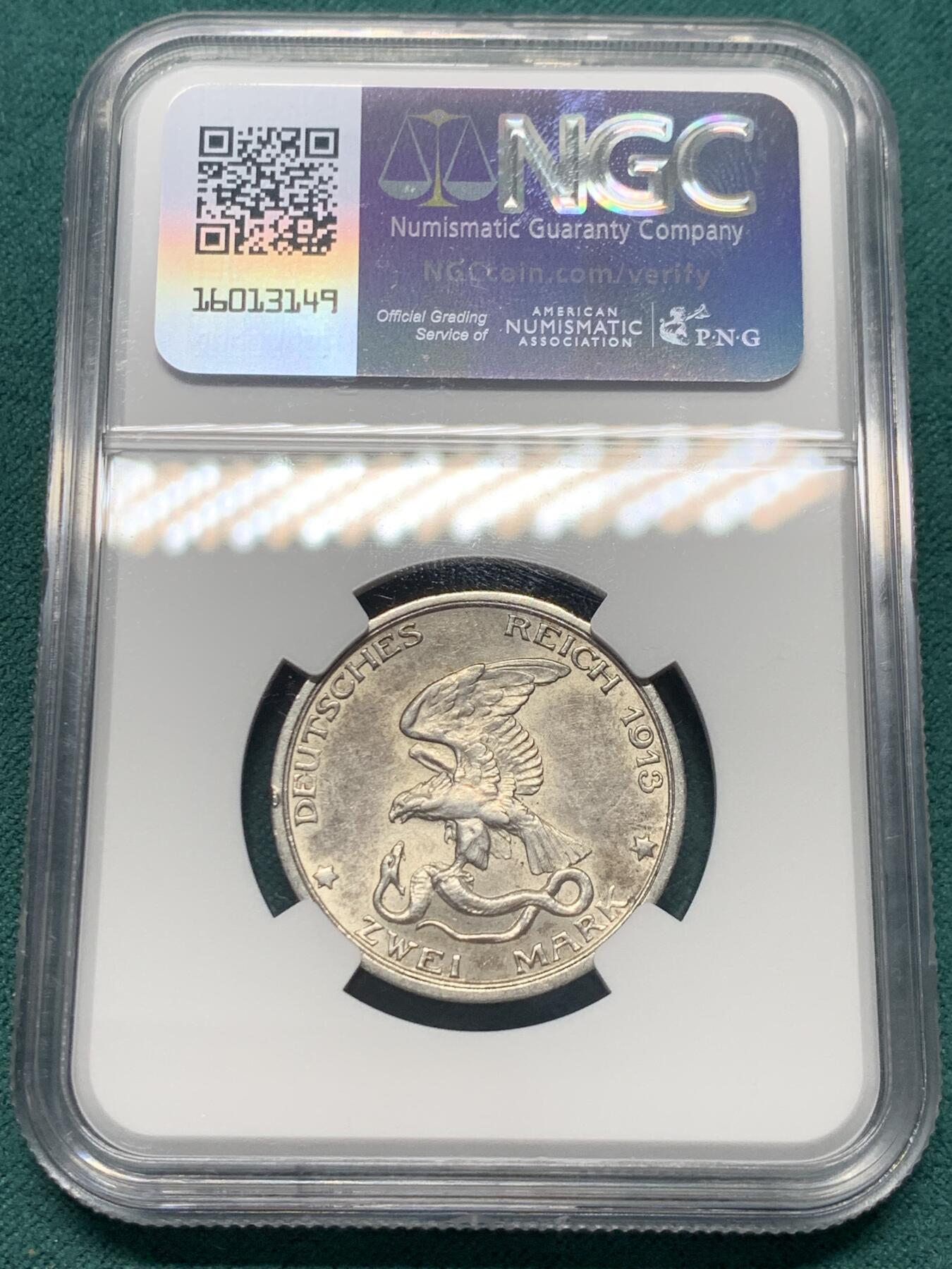 《竞宝斋》第344场 周日，周一，2场连拍 （全场包邮） NGC UNCD 1913年德国普鲁士战胜拿破仑2马克银币