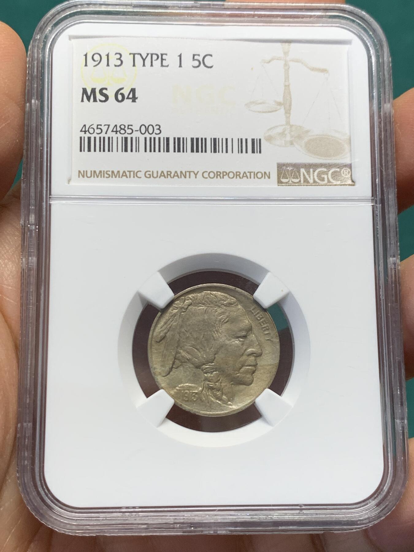 《竞宝斋》第344场 周日，周一，2场连拍 （全场包邮） NGC MS64 美国1913年 5美分 水牛币 野牛币 经典印第安人头像 首版第一年