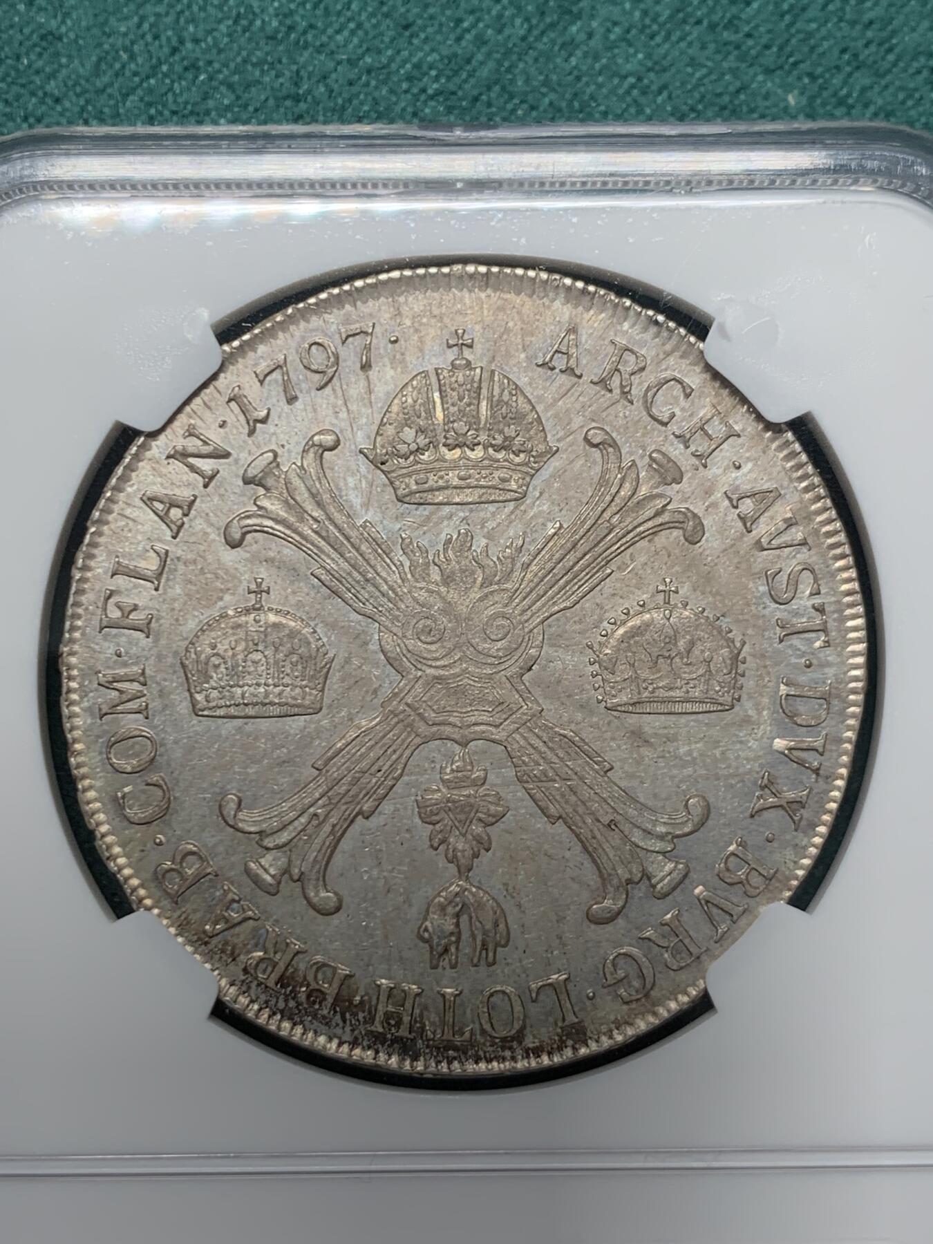 《竞宝斋》第344场 周日，周一，2场连拍 （全场包邮） NGC AU55 唯一冠军分 奥属尼德兰1797年弗朗茨二世1泰勒大银币，铸造量少，国内罕见，包浆纯熟，银光依旧，上海n低评，可博分