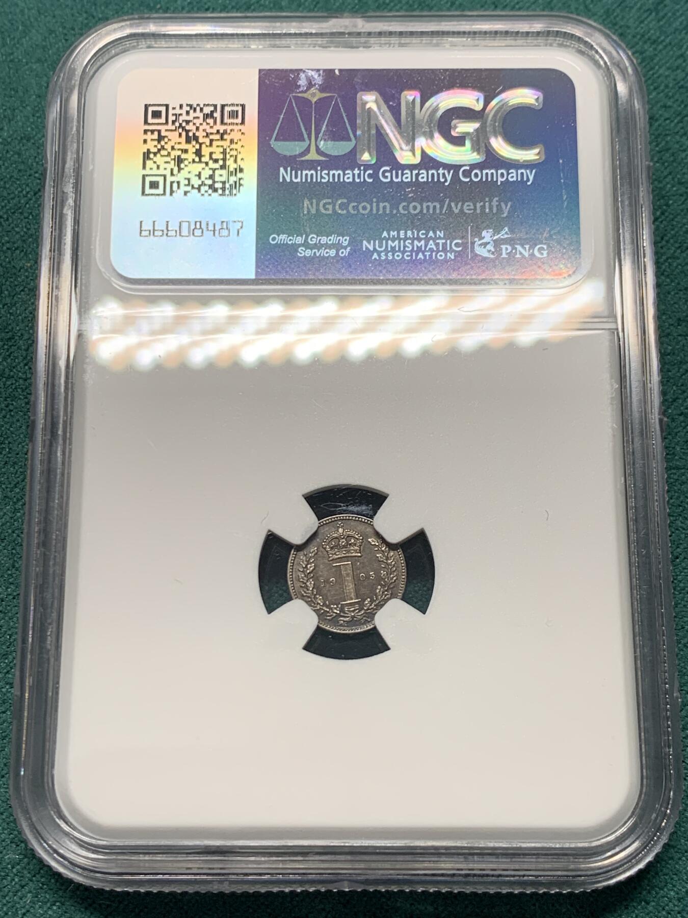 《竞宝斋》第344场 周日，周一，2场连拍 （全场包邮） NGC MS64 英国1905年爱七1便士濯足节银币