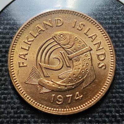 KK钱币收藏小铺 第209期 2月预留时间 每日一拍 周末发货 -  1974福克兰群岛半便士 鱼 好品铜币