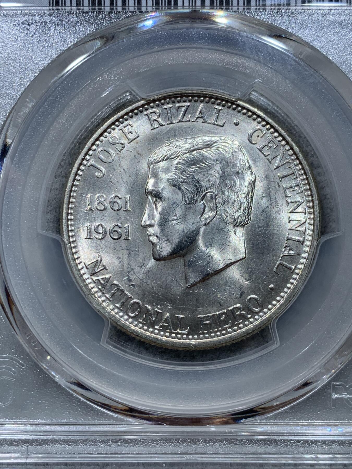 《竞宝斋》第344场 周日，周一，2场连拍 （全场包邮） PCGS MS63 菲律宾1961年1/2比索 民族英雄何塞·黎刹纪念银币 两面转光好品
