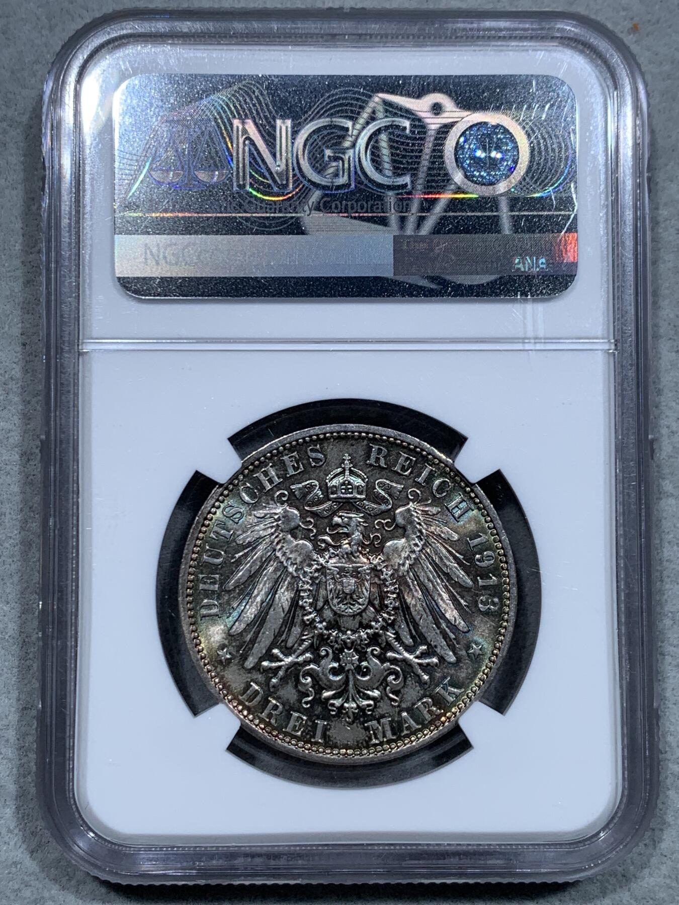 《竞宝斋》第344场 周日，周一，2场连拍 （全场包邮） NGC MS64 德国1913莱比锡战役3马克银币 蓝紫包浆