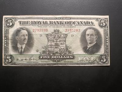 甲辰一月第一拍，2025第一拍 - 【拍品048岁】加拿大皇家银行1927版5元流通品相，早期发钞权收归中央前的产物，威尔逊医生和出版商霍特（很奇怪的用了两个美国人当头像）和英属加拿大徽章，稀有品种