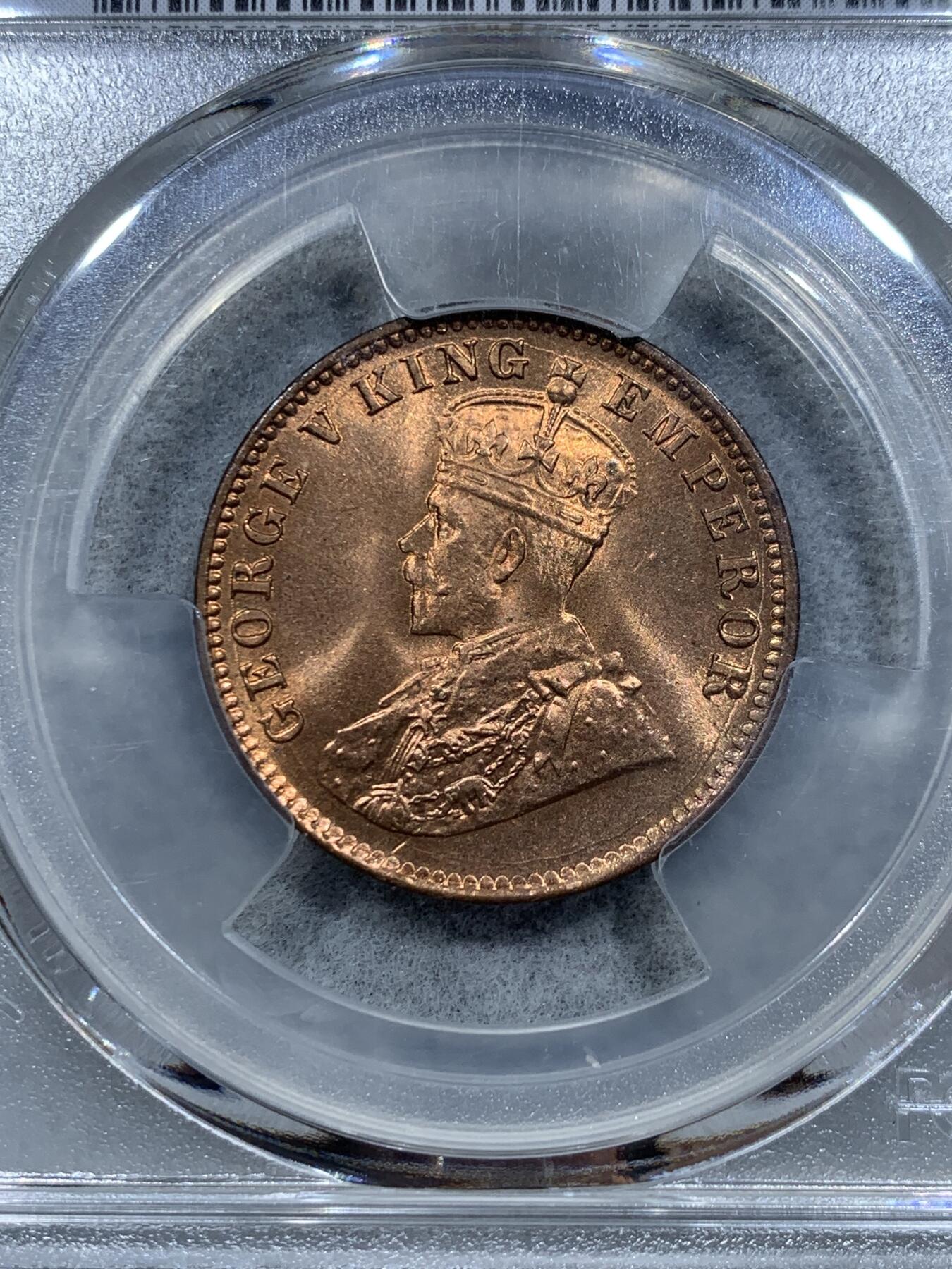 《竞宝斋》第344场 周日，周一，2场连拍 （全场包邮） PCGS MS65RD 英属印度1917年乔治五世1/4安娜铜币
