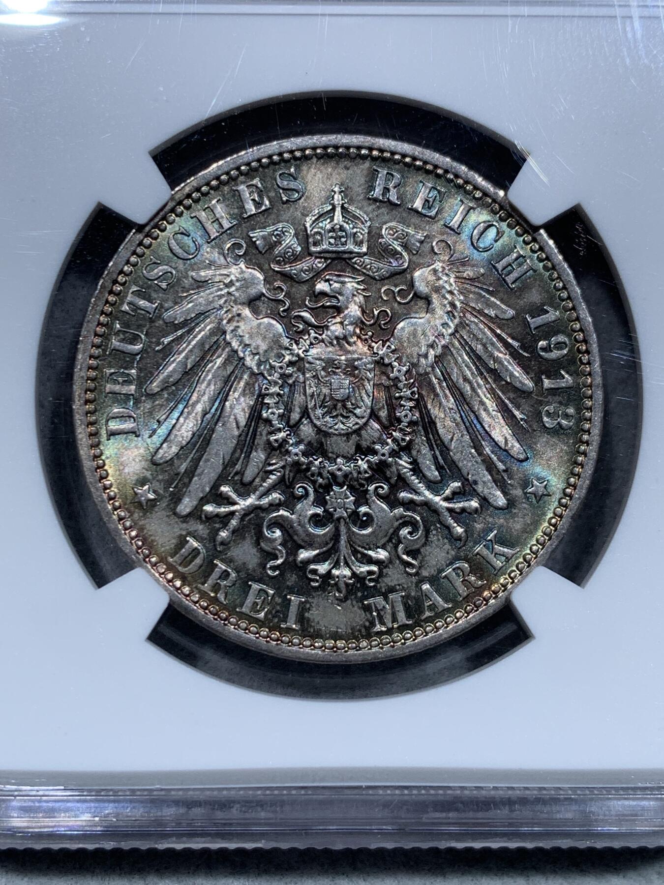 《竞宝斋》第344场 周日，周一，2场连拍 （全场包邮） NGC MS64 德国1913莱比锡战役3马克银币 蓝紫包浆