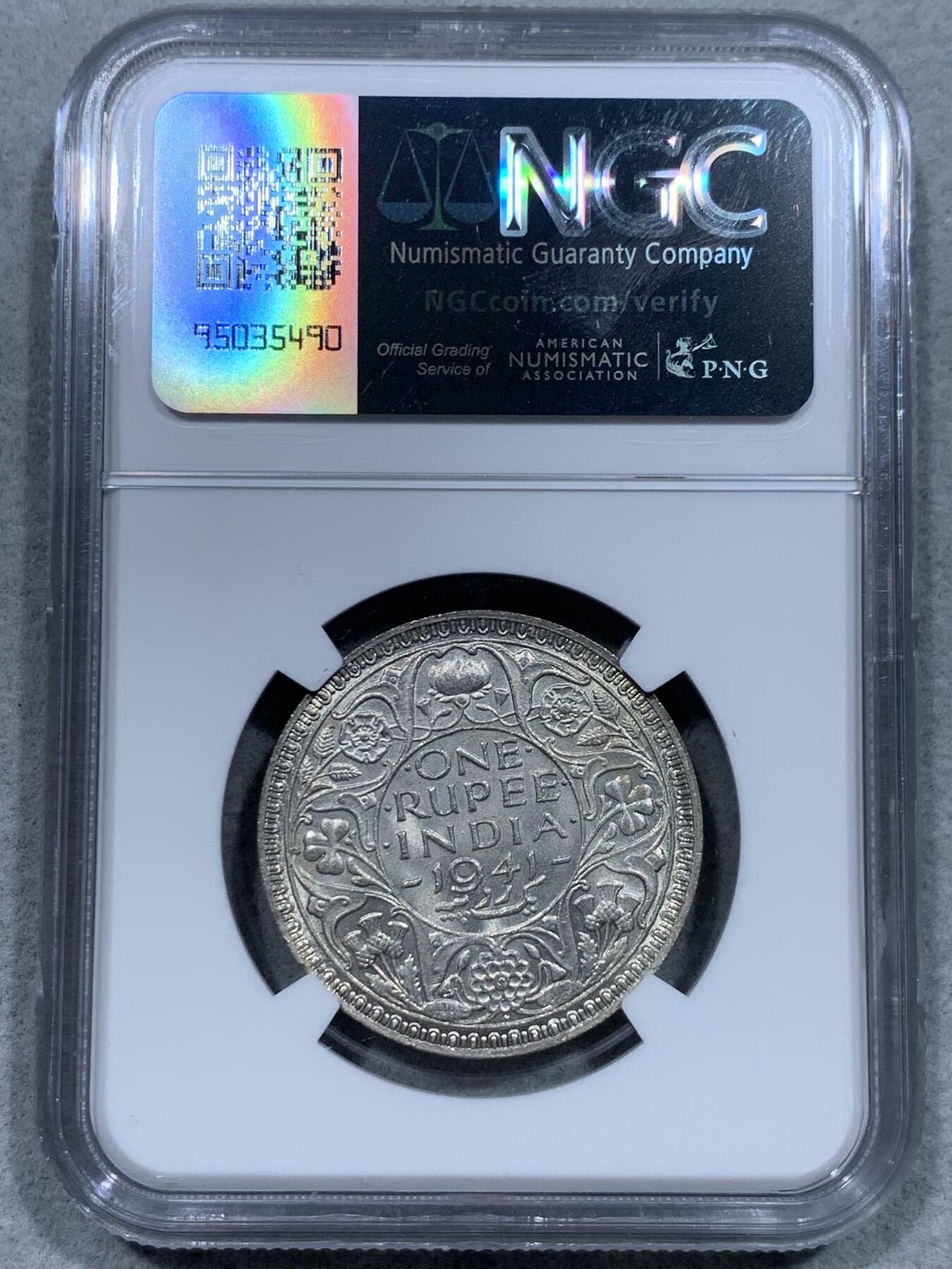《竞宝斋》第344场 周日，周一，2场连拍 （全场包邮） NGC MS62 英属印度1941年1卢比银币B版 乔治六世 早期窄边 原光卷拆