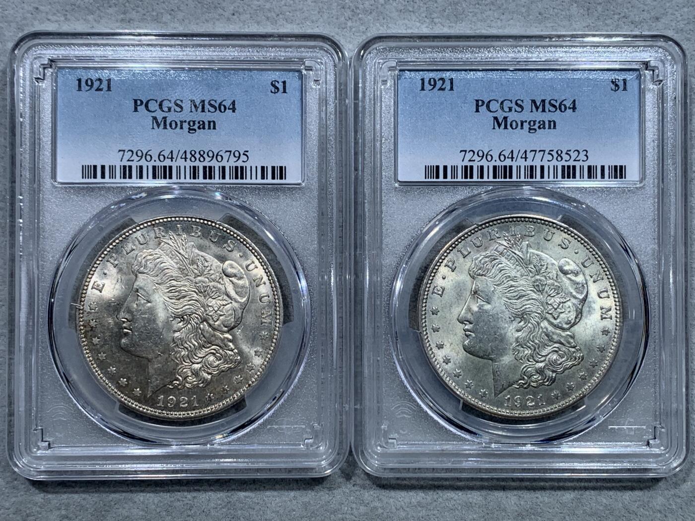 《竞宝斋》第344场 周日，周一，2场连拍 （全场包邮） 两枚一组 PCGS MS64 美国1921年摩根银元 1枚支撑架小磕