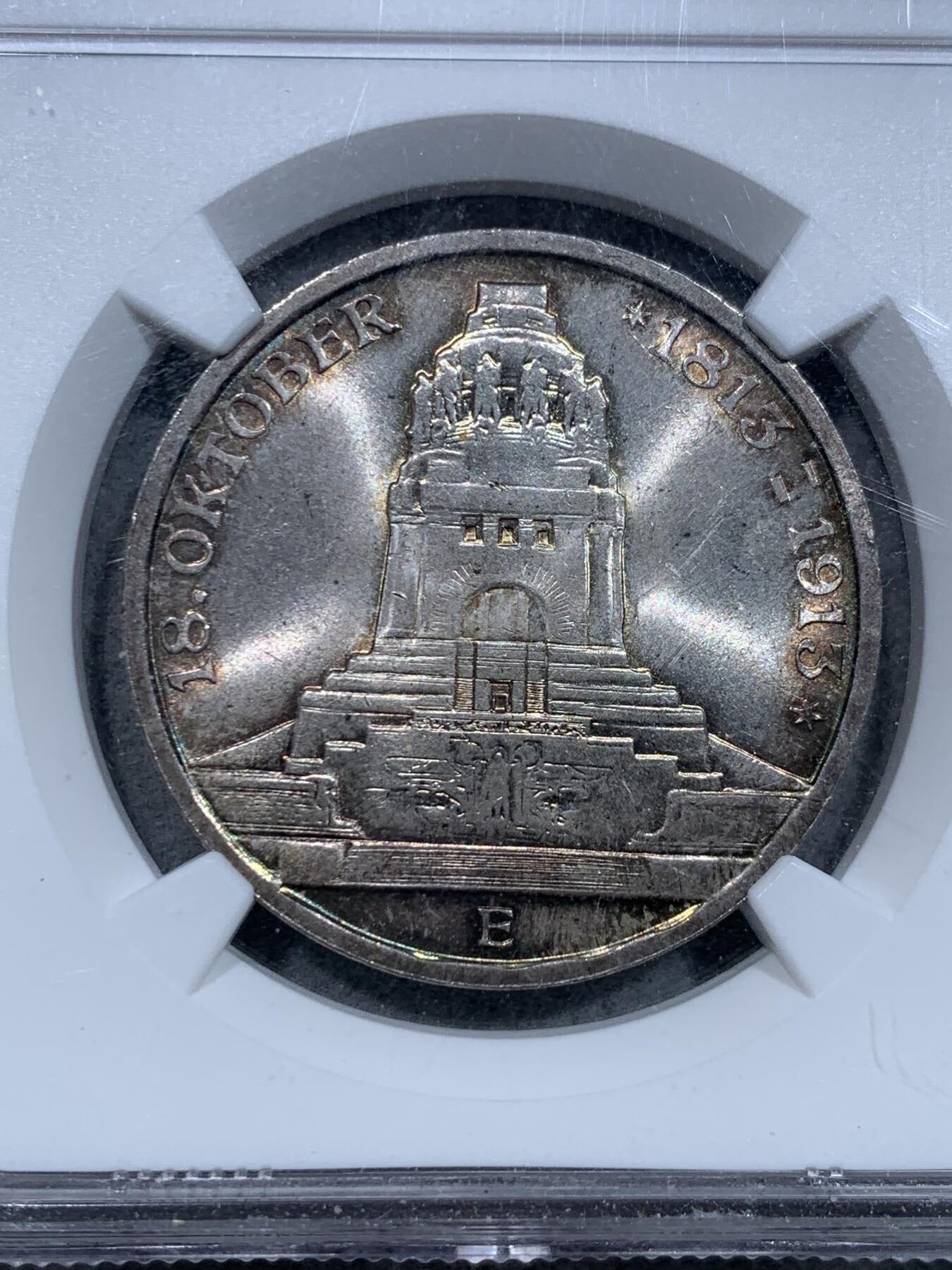 《竞宝斋》第344场 周日，周一，2场连拍 （全场包邮） NGC MS64 德国1913莱比锡战役3马克银币 蓝紫包浆