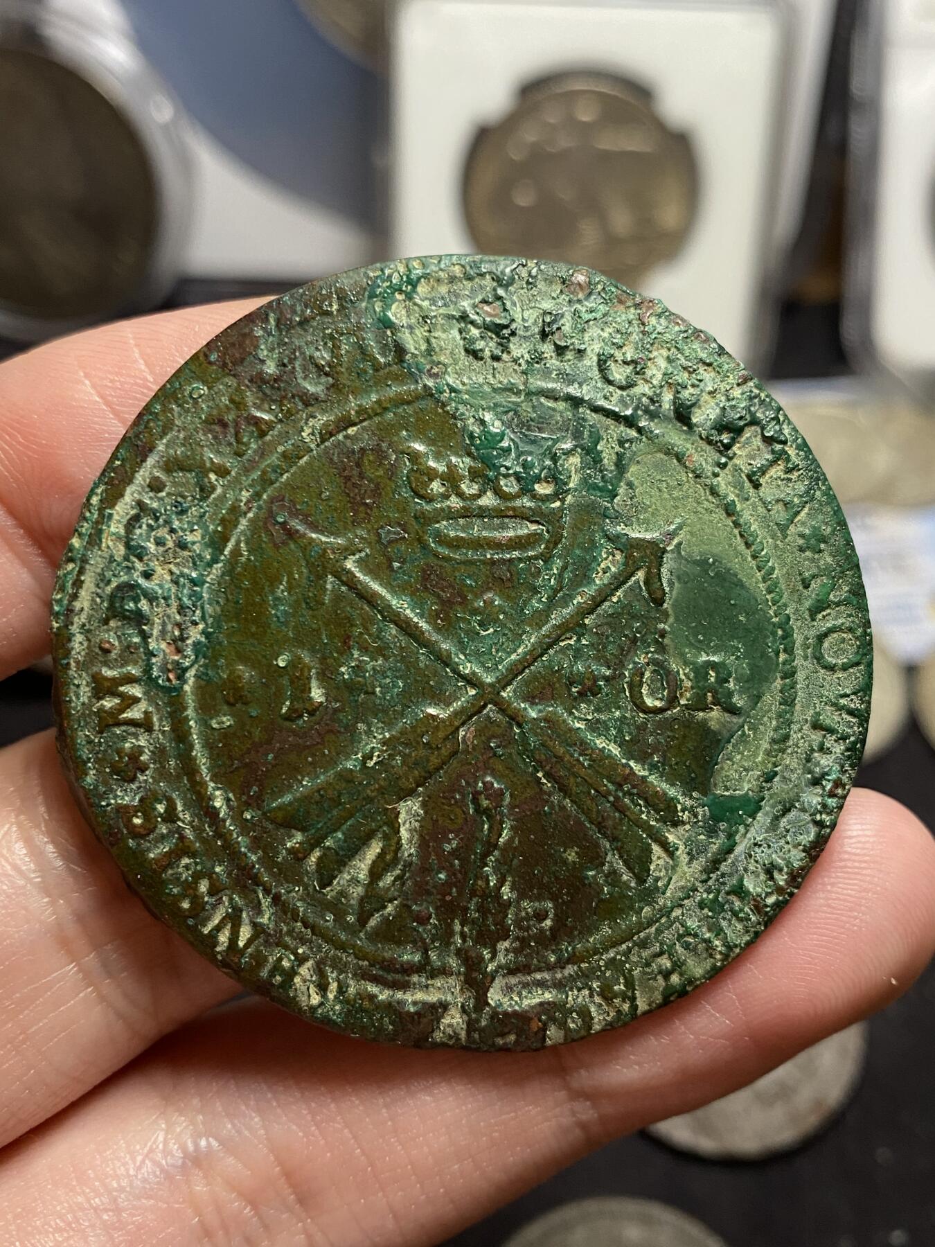 南宋泉阁俄币 外币 国币 专场第三期 瑞典 萨瓦王朝 1635年(罗马数字MDCXXXV) 克里斯蒂娜女王1欧尔大铜币 原味 生美品 少见！滚压法打制币体本身不平