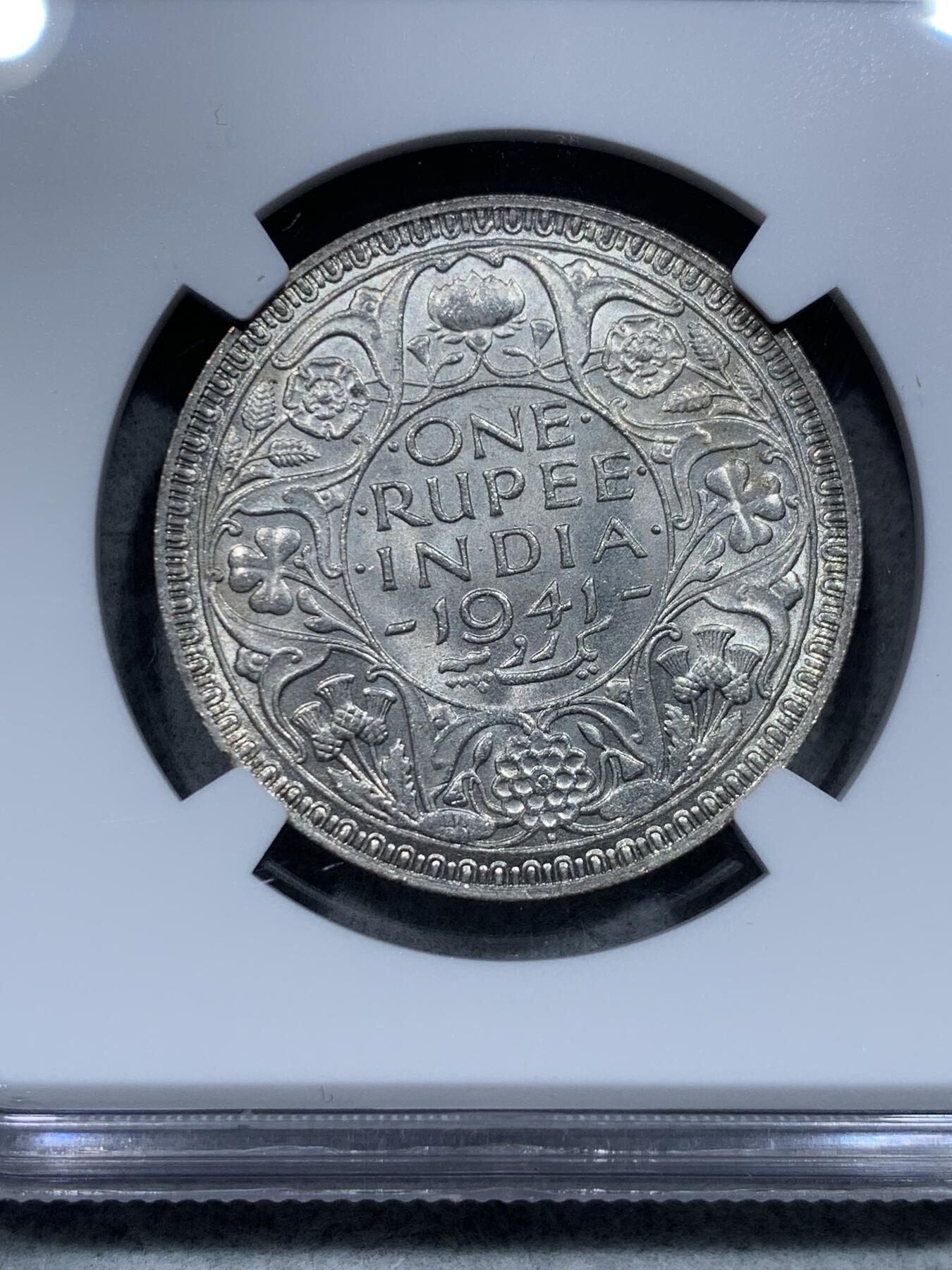 《竞宝斋》第344场 周日，周一，2场连拍 （全场包邮） NGC MS62 英属印度1941年1卢比银币B版 乔治六世 早期窄边 原光卷拆