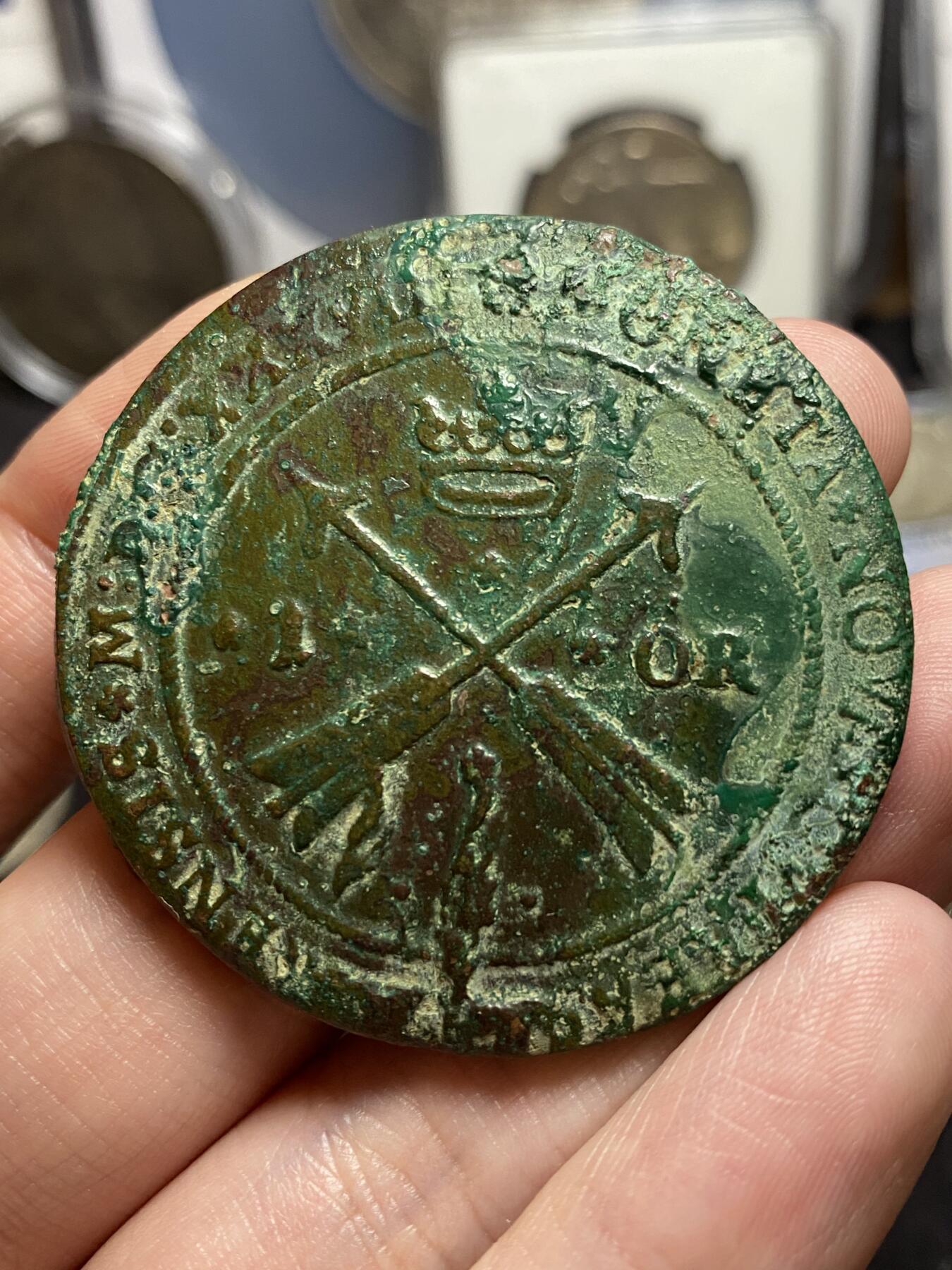 南宋泉阁俄币 外币 国币 专场第三期 瑞典 萨瓦王朝 1635年(罗马数字MDCXXXV) 克里斯蒂娜女王1欧尔大铜币 原味 生美品 少见！滚压法打制币体本身不平
