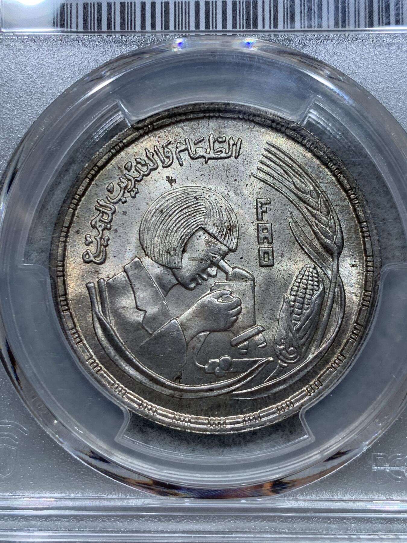 《竞宝斋》第344场 周日，周一，2场连拍 （全场包邮） PCGS MS66 埃及1978年FAO纪念1镑银币 两面转光 黑金包浆非常有特色 可玩性很强