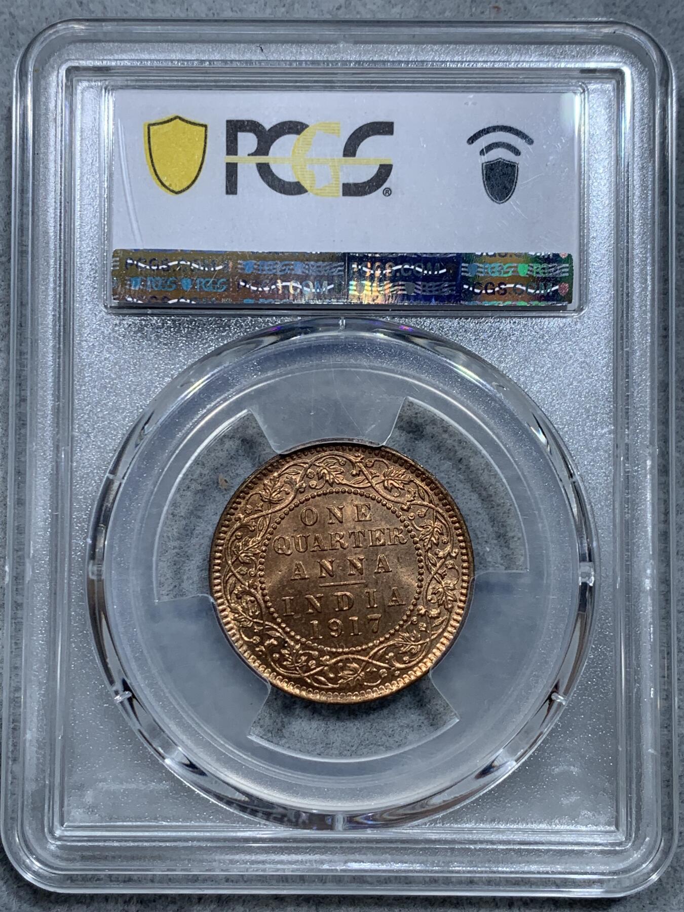 《竞宝斋》第344场 周日，周一，2场连拍 （全场包邮） PCGS MS65RD 英属印度1917年乔治五世1/4安娜铜币