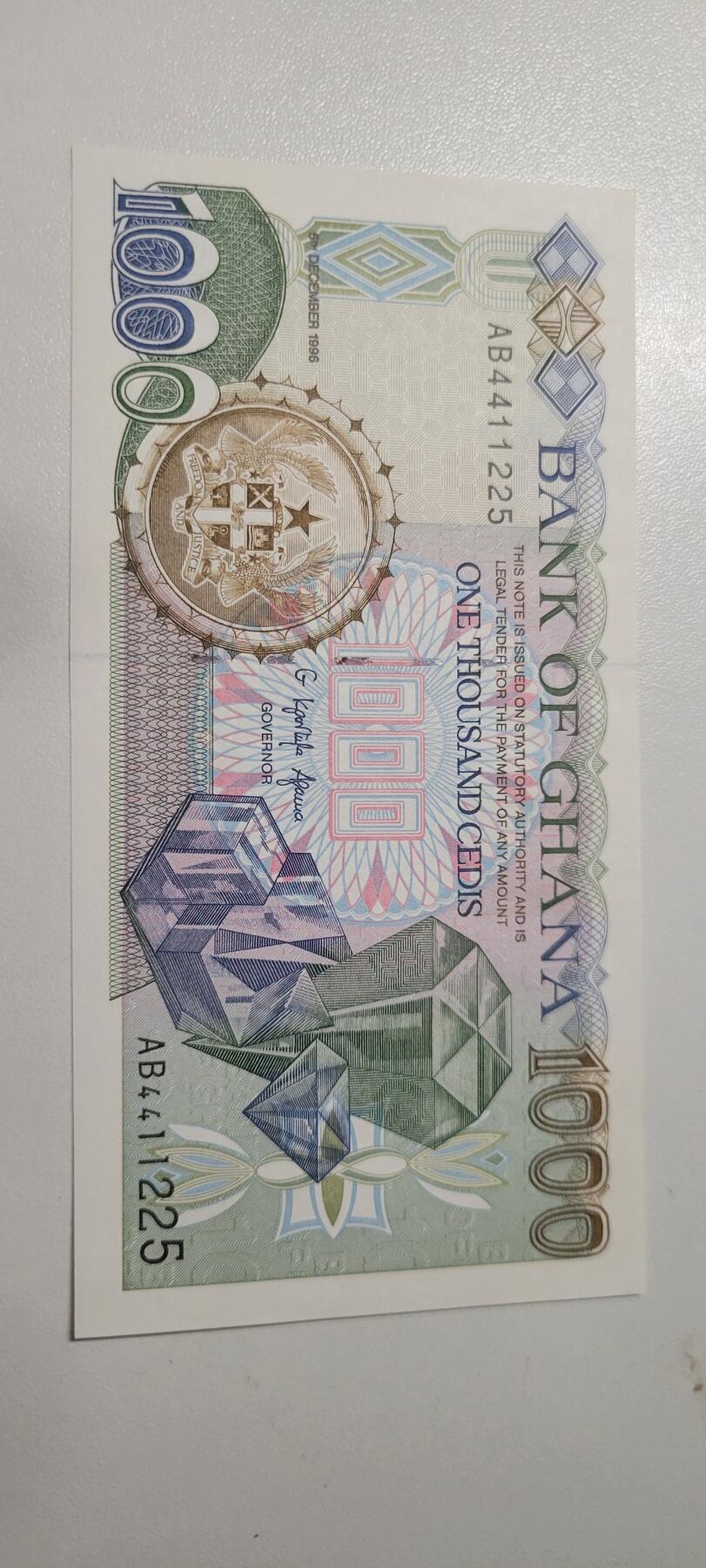 2025第一期纸币均有打光图 加纳1000塞地纸币 1996年 