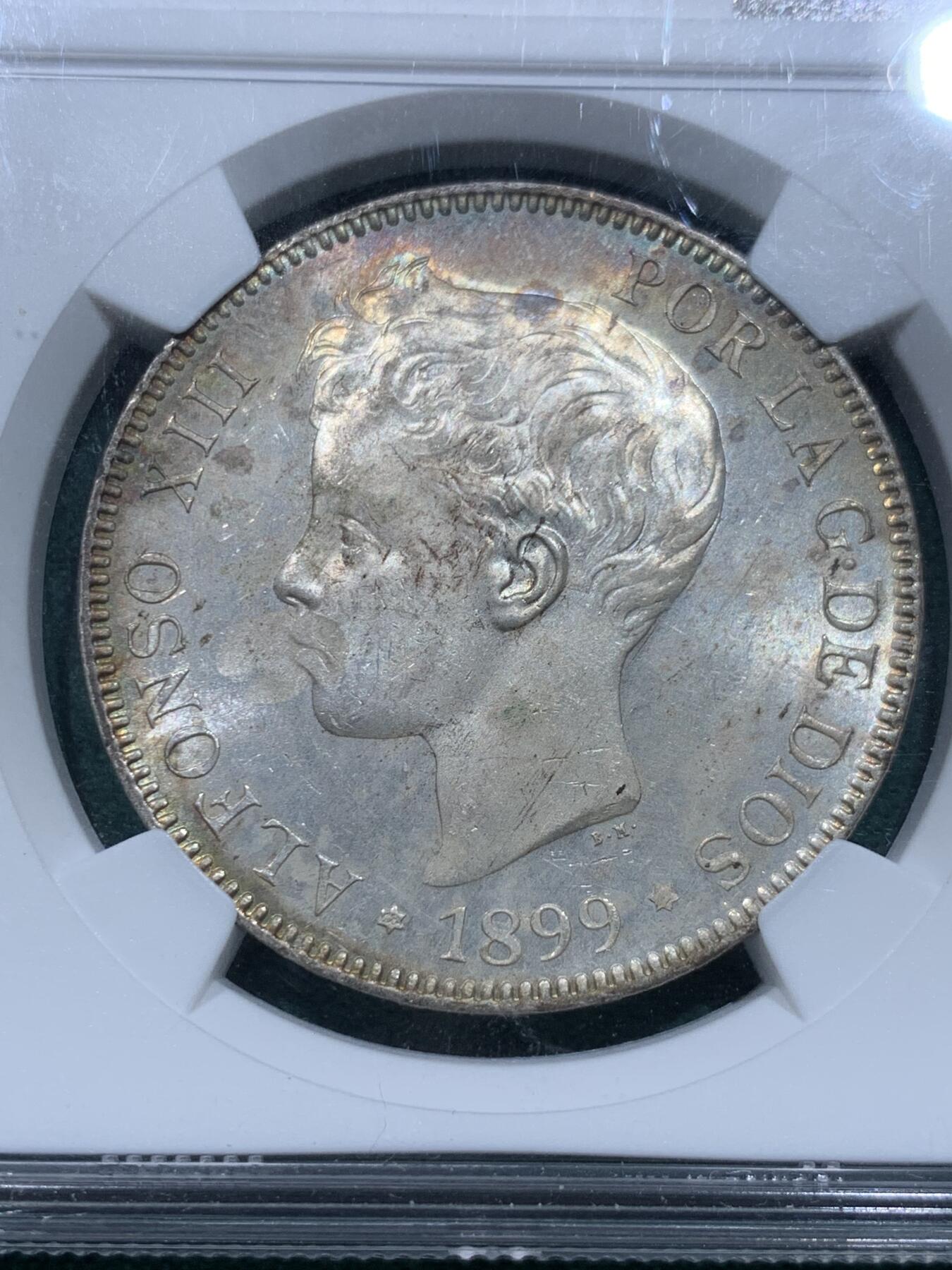《竞宝斋》第345场 周日，周一，2场连拍 （全场包邮） NGC MS63 西班牙 1899（99）SGV 阿方索十三世 5比塞塔 银币 原光状态好