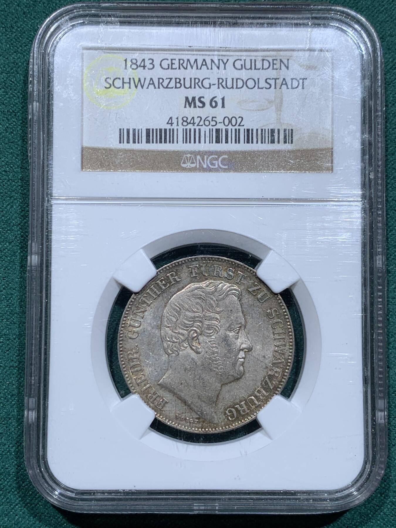 《竞宝斋》第345场 周日，周一，2场连拍 （全场包邮） NGC MS61 德国1843施瓦茨堡1盾 小邦热门品种