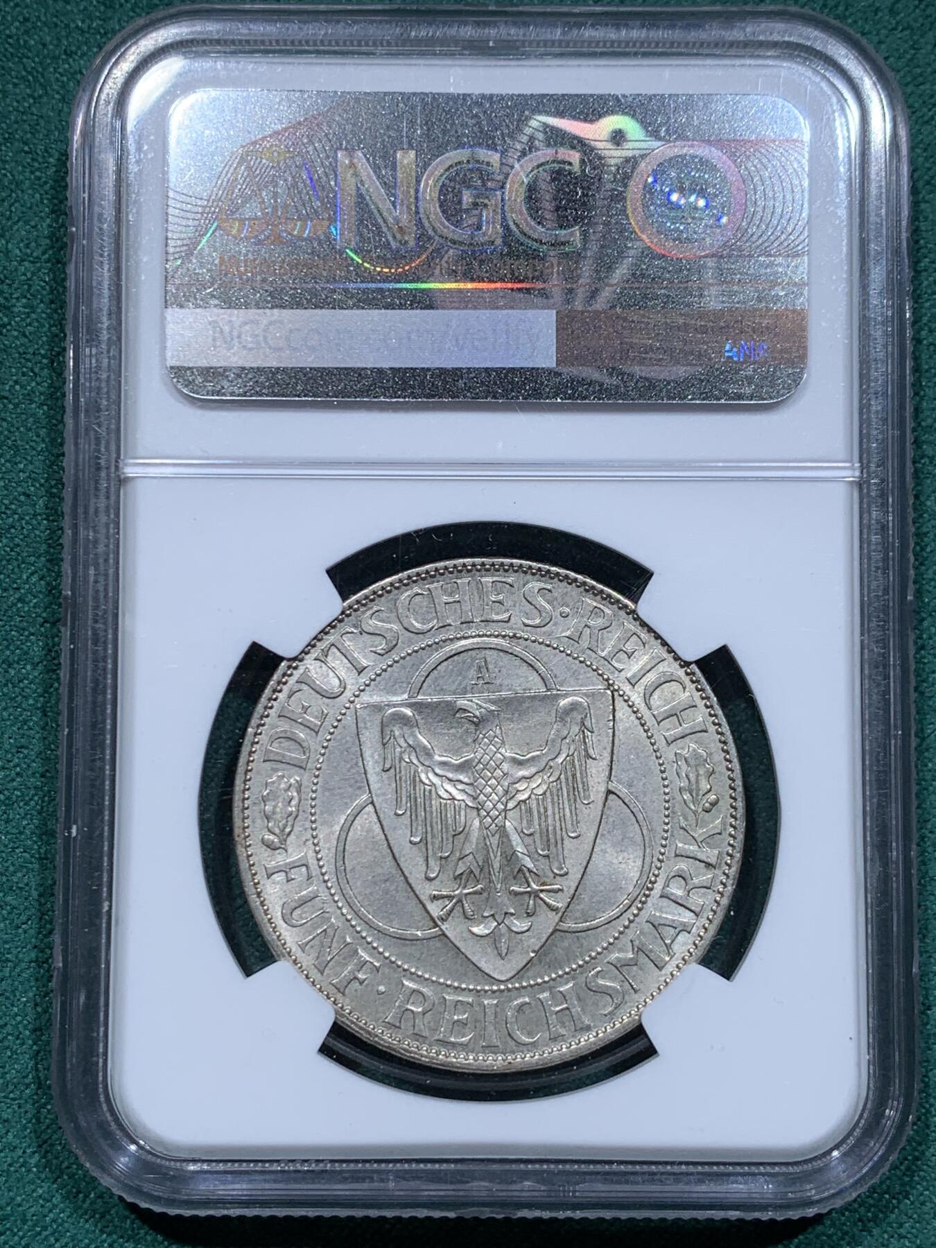 《竞宝斋》第345场 周日，周一，2场连拍 （全场包邮） NGC MS64 德国1930魏玛共和国鹰桥5马克银币 转光强烈