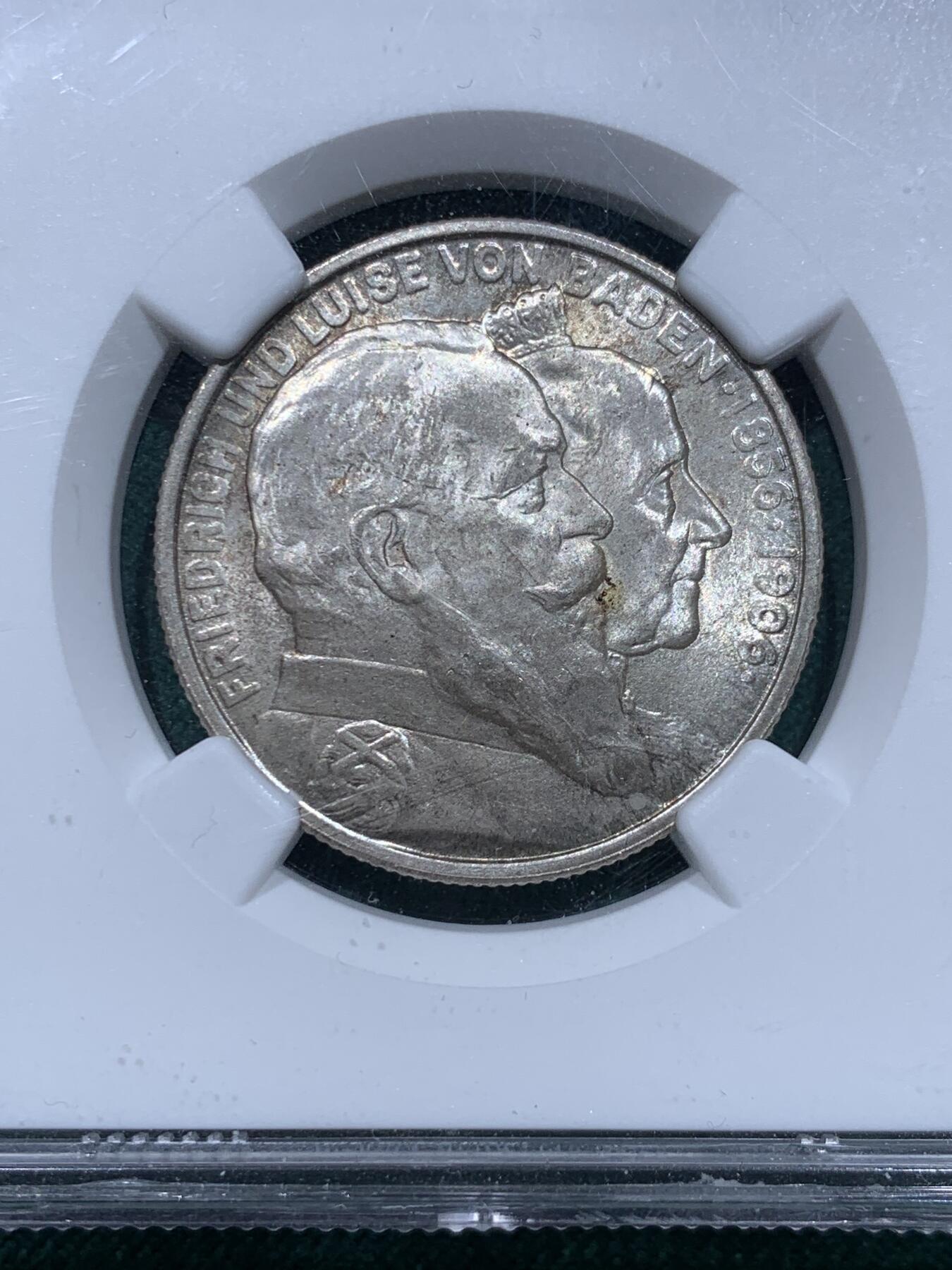 《竞宝斋》第345场 周日，周一，2场连拍 （全场包邮） NGC MS64 德国1906巴登银婚2马克银币