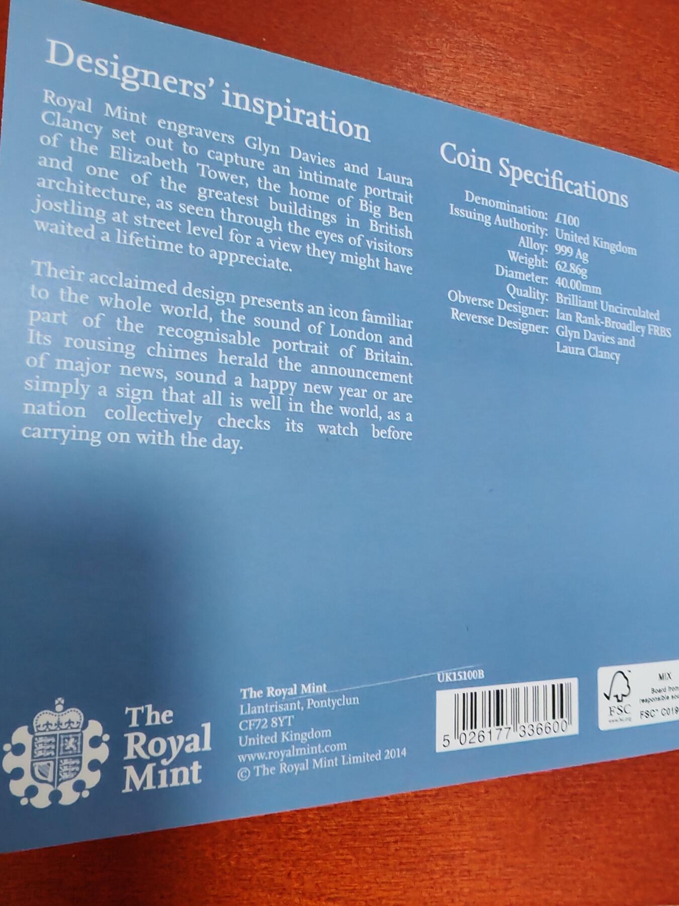 长老汇龙年精选第四十二场拍卖 2015英国大本钟100英镑银币，2盎司999银，卡装，发行价120英镑