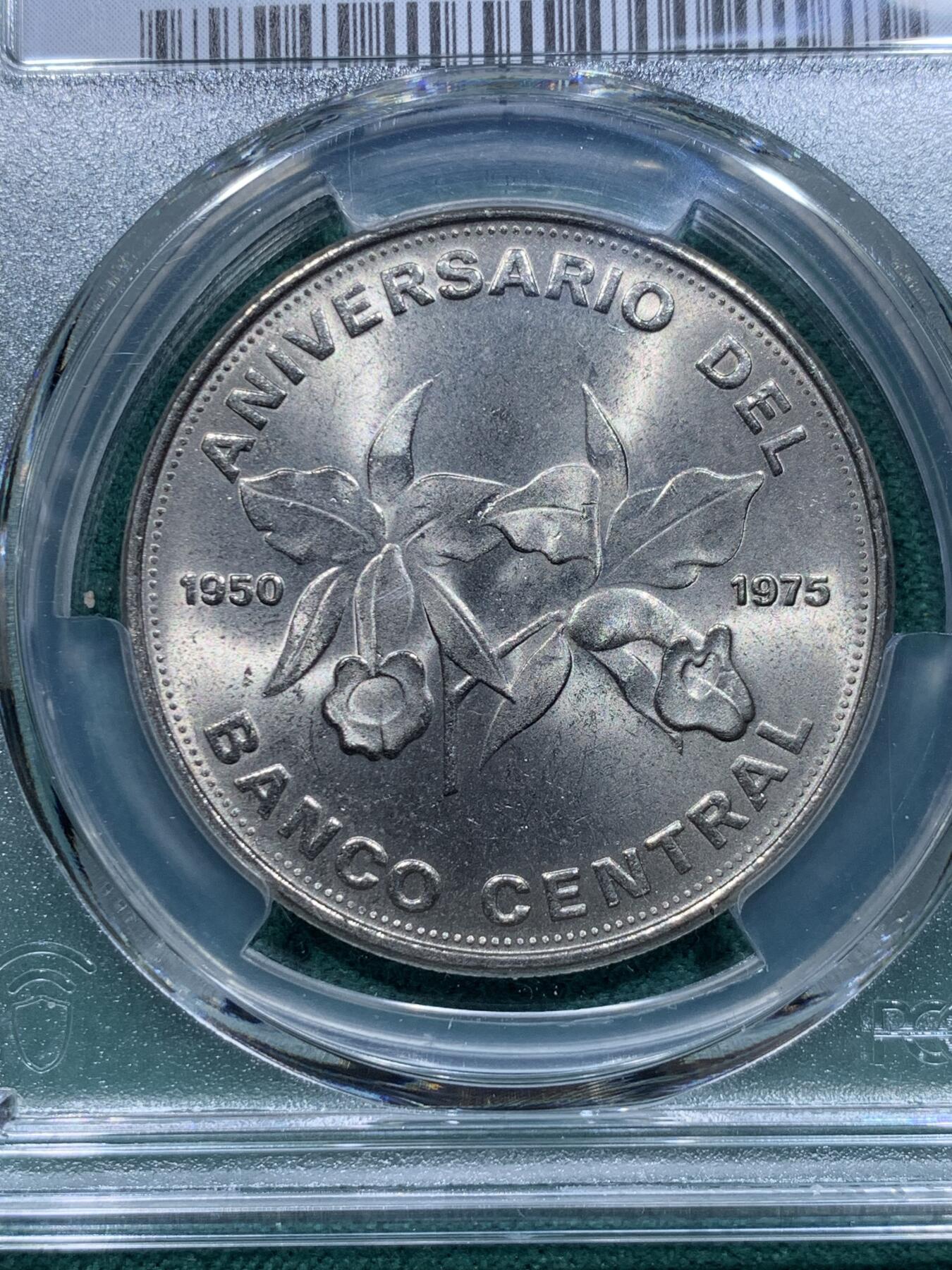 《竞宝斋》第345场 周日，周一，2场连拍 （全场包邮） PCGS MS66 哥斯达黎加1975年20科伦中央银行25周年纪念币 币面很大 66分已经相当不容易 细节很好划痕很少 绝对适合自藏的一枚