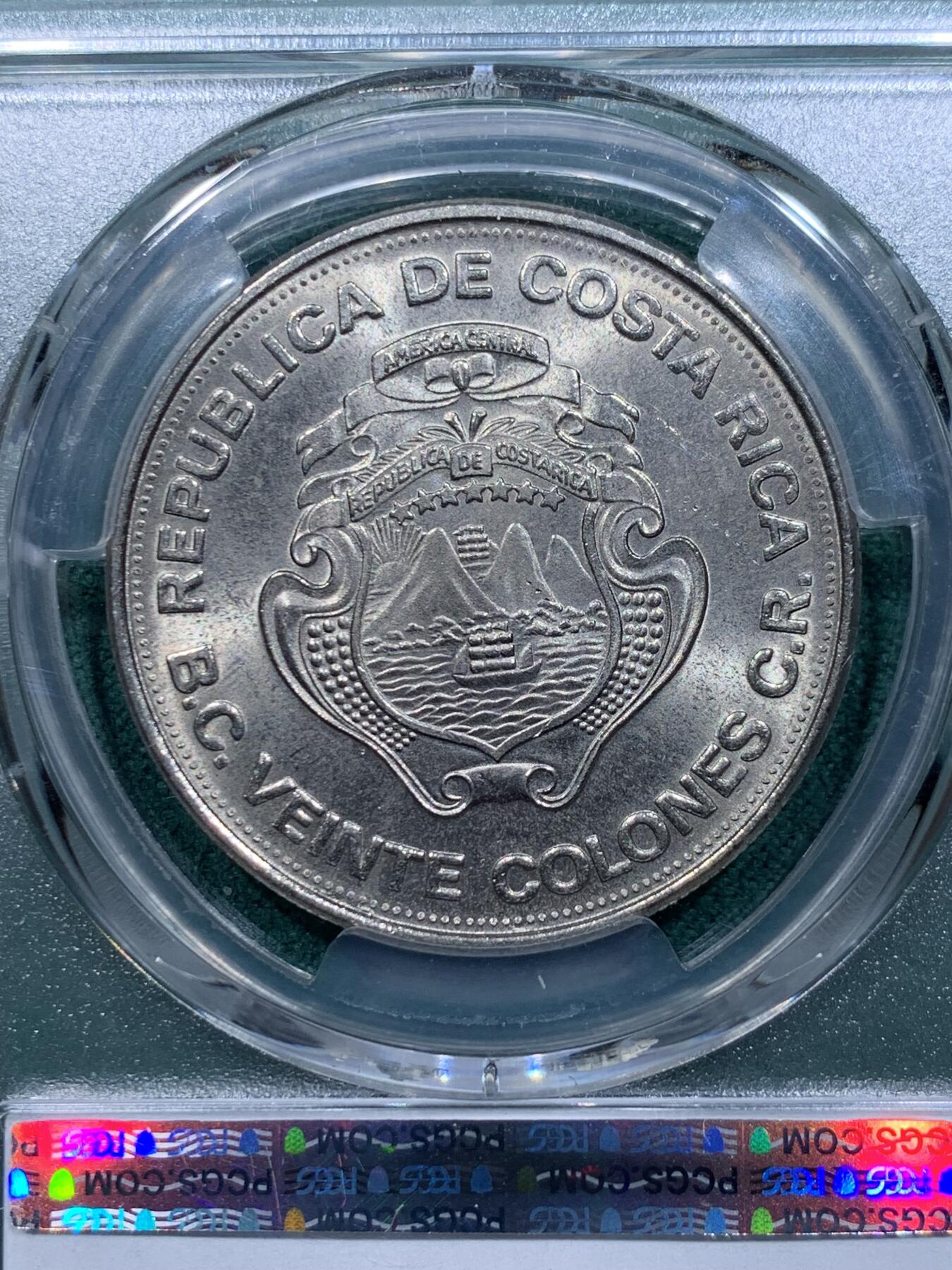 《竞宝斋》第345场 周日，周一，2场连拍 （全场包邮） PCGS MS66 哥斯达黎加1975年20科伦中央银行25周年纪念币 币面很大 66分已经相当不容易 细节很好划痕很少 绝对适合自藏的一枚