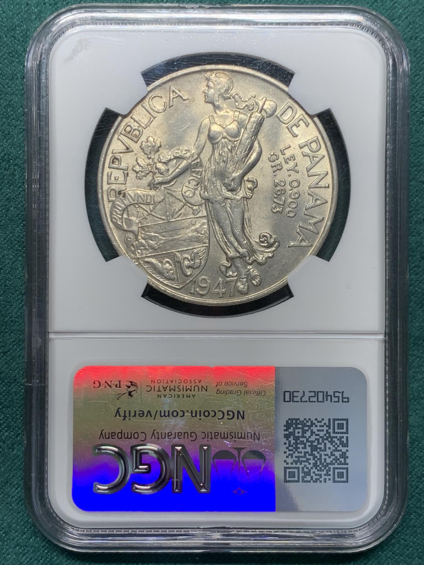 《竞宝斋》第345场 周日，周一，2场连拍 （全场包邮） NGC MS62 巴拿马1947年1巴波亚银币，背面女神图案漂亮