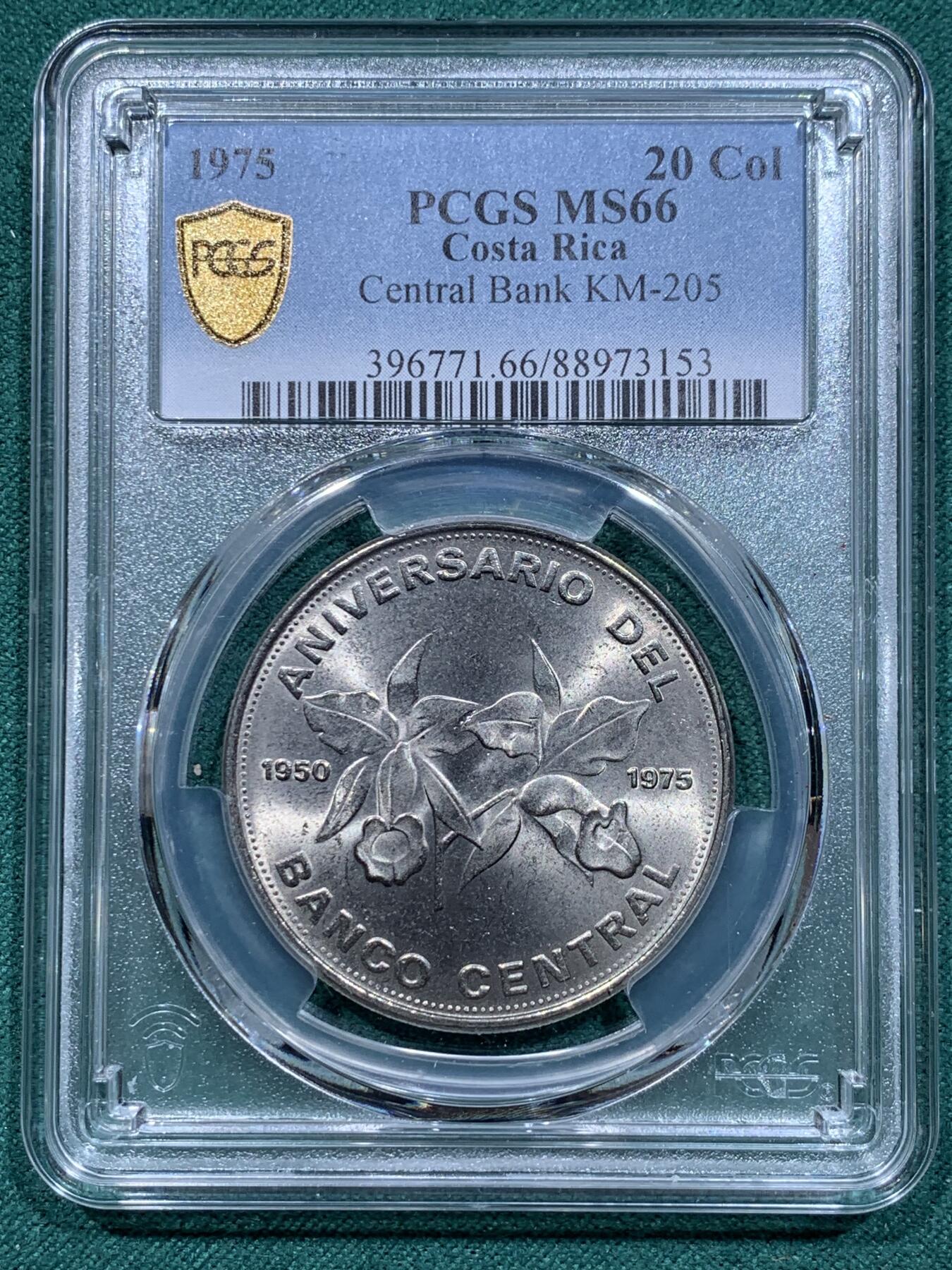 《竞宝斋》第345场 周日，周一，2场连拍 （全场包邮） PCGS MS66 哥斯达黎加1975年20科伦中央银行25周年纪念币 币面很大 66分已经相当不容易 细节很好划痕很少 绝对适合自藏的一枚