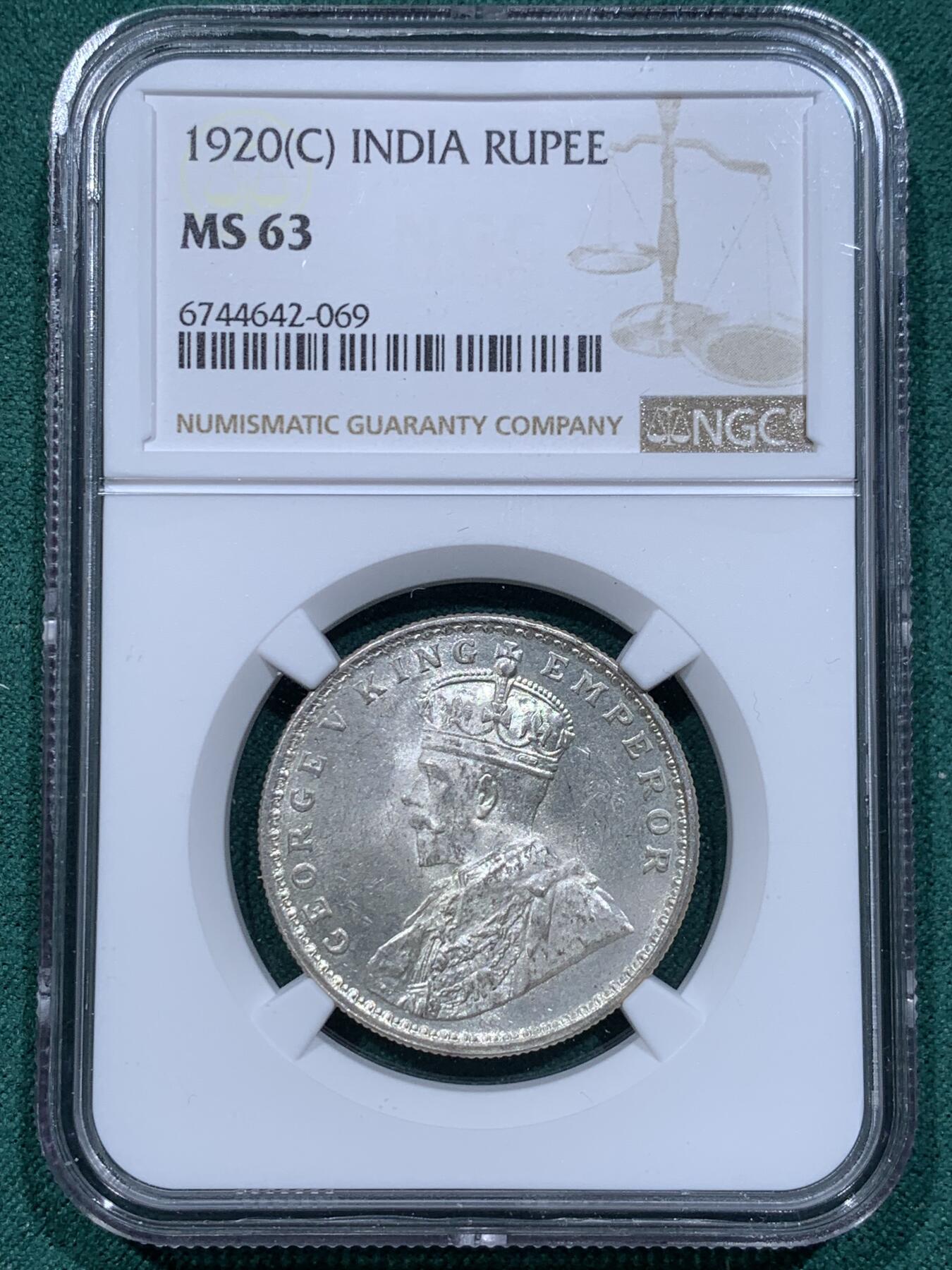 《竞宝斋》第345场 周日，周一，2场连拍 （全场包邮） NGC MS63 英属印度1920年1卢比银币C版 乔治五世 原光卷拆好品 好状态