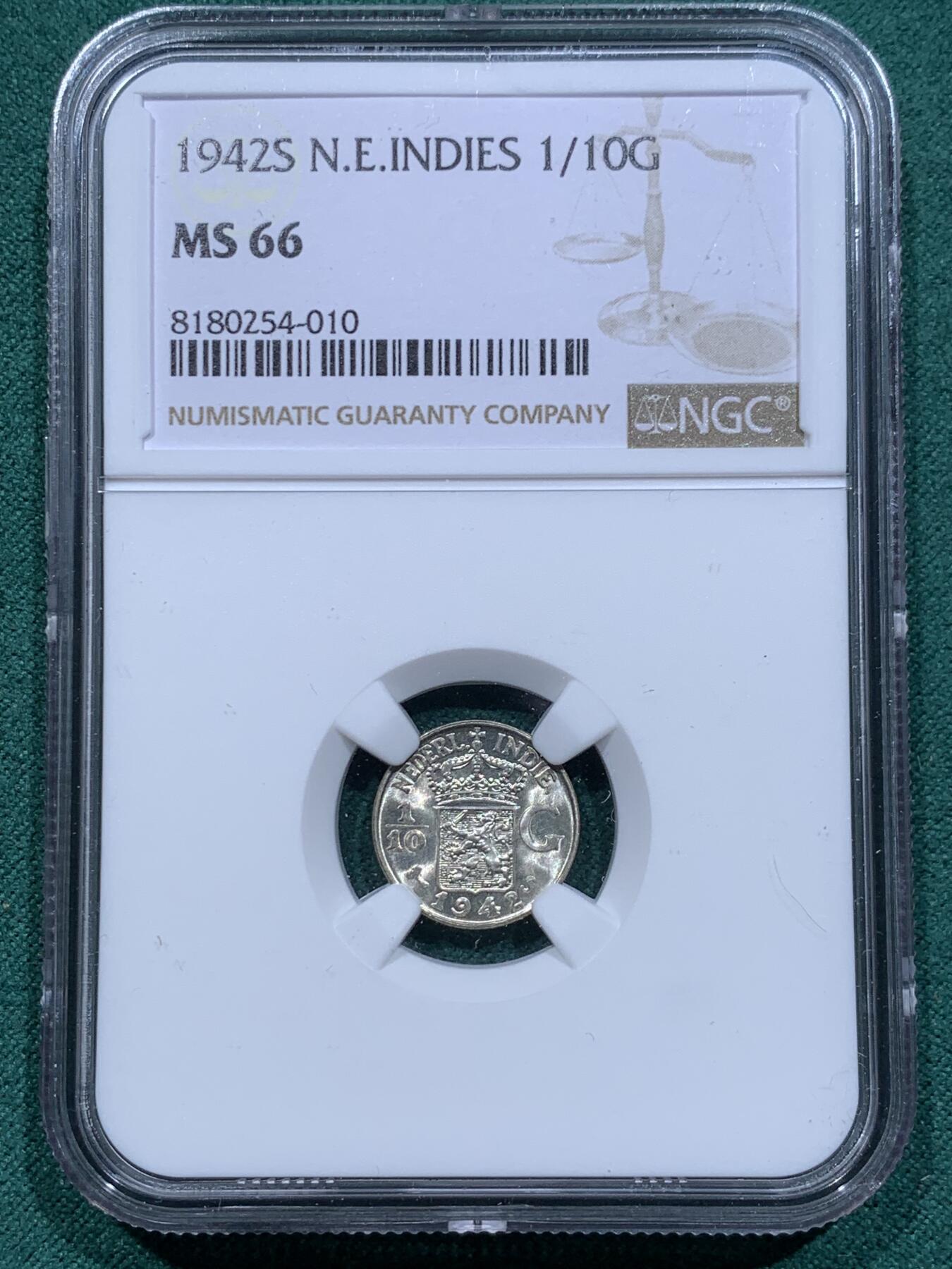 《竞宝斋》第345场 周日，周一，2场连拍 （全场包邮） NGC MS66 荷属东印度 1942年 1/10盾 银币