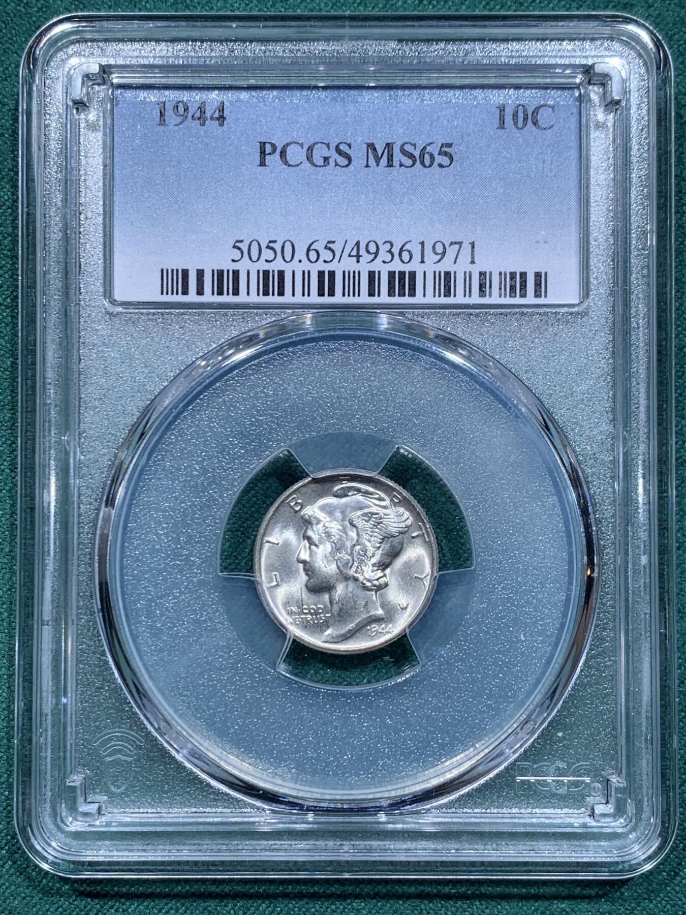 《竞宝斋》第345场 周日，周一，2场连拍 （全场包邮） PCGS MS65 美国1944年小飞侠10美分