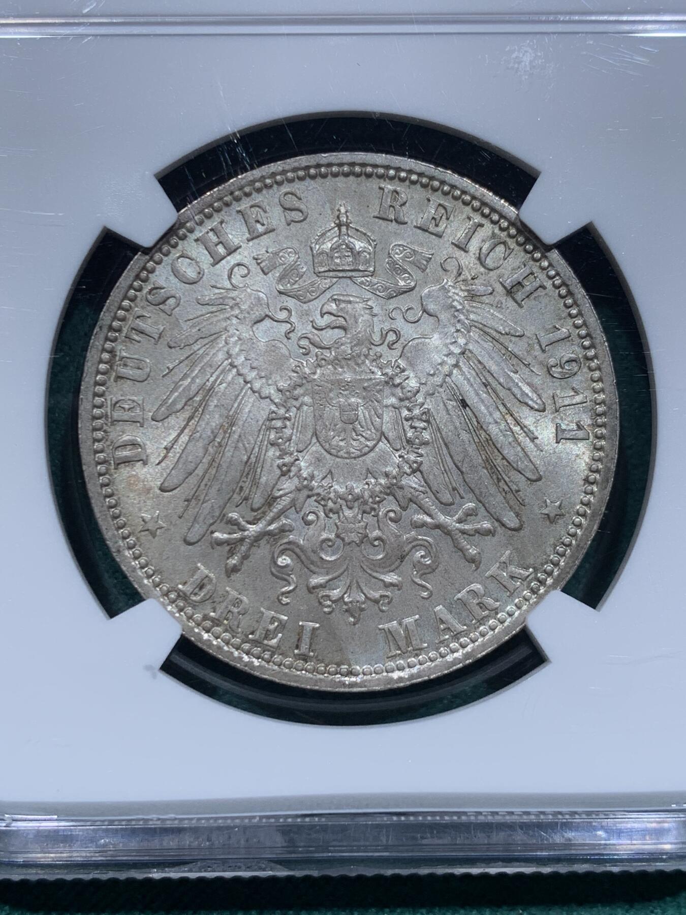 《竞宝斋》第345场 周日，周一，2场连拍 （全场包邮） NGC MS65 德国1911D柳奥波特亲王90大寿3马克银币