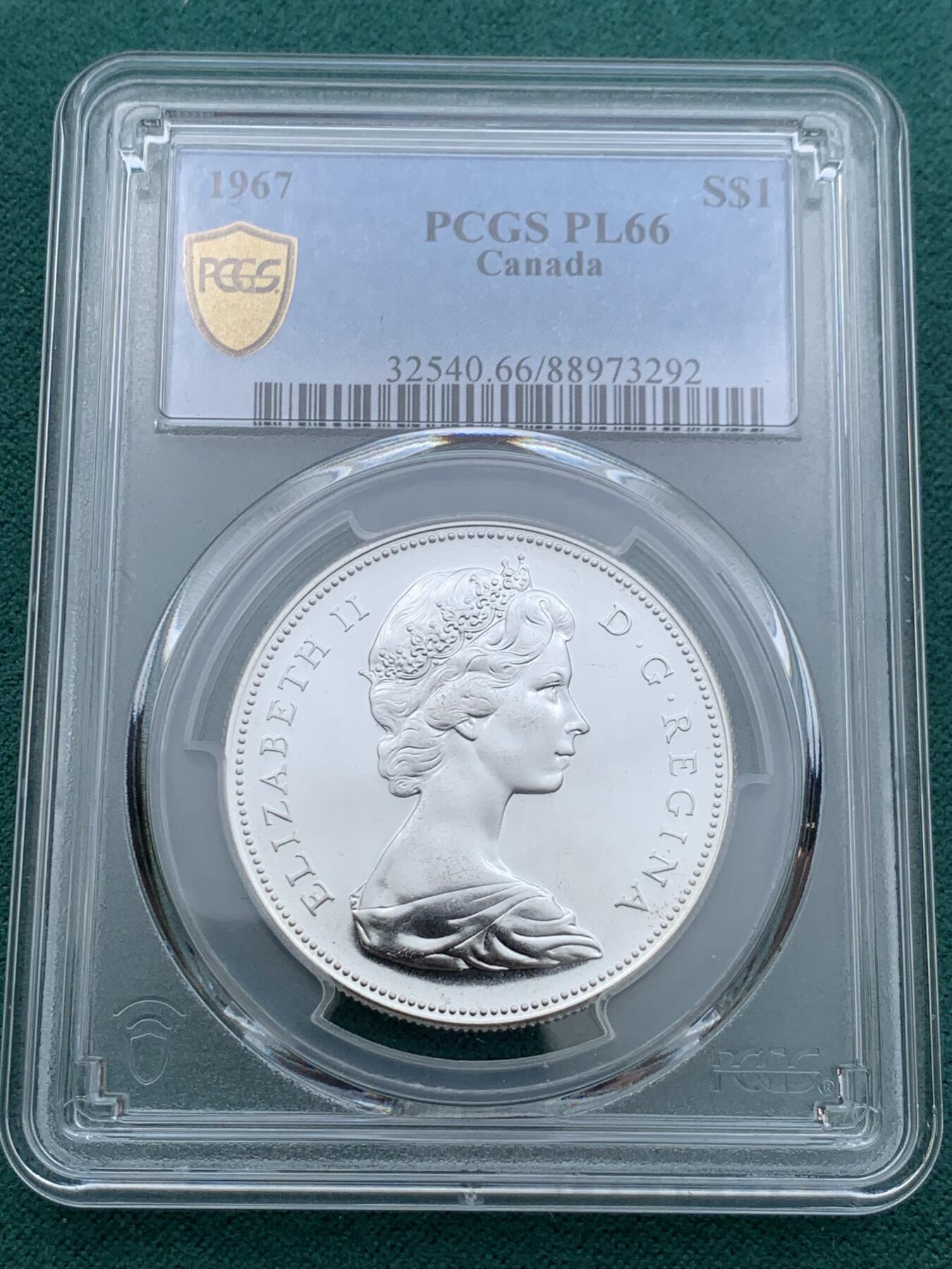 《竞宝斋》第345场 周日，周一，2场连拍 （全场包邮） PCGS PL66 加拿大1967年大雁1元银币，币面干净漂亮！热门品种！