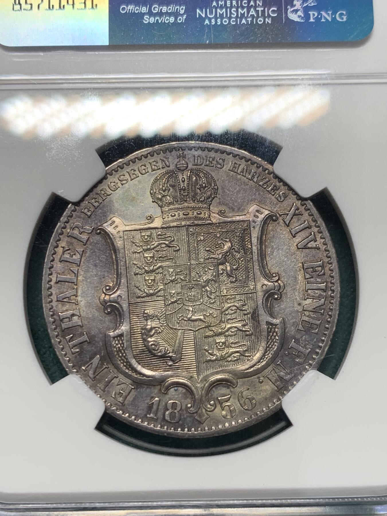 《竞宝斋》第345场 周日，周一，2场连拍 （全场包邮） NGC MS62 德国 1856年 汉诺威王国 泰勒银币 好光深彩 状态值得