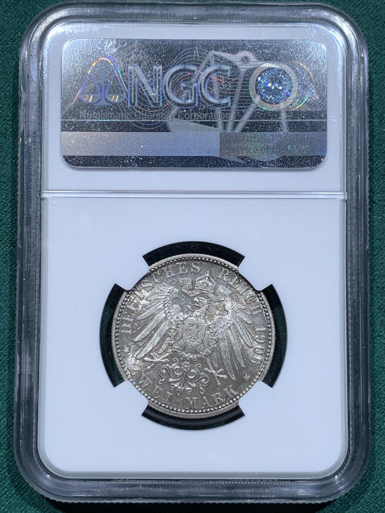 《竞宝斋》第345场 周日，周一，2场连拍 （全场包邮） NGC MS64 德国1906巴登银婚2马克银币