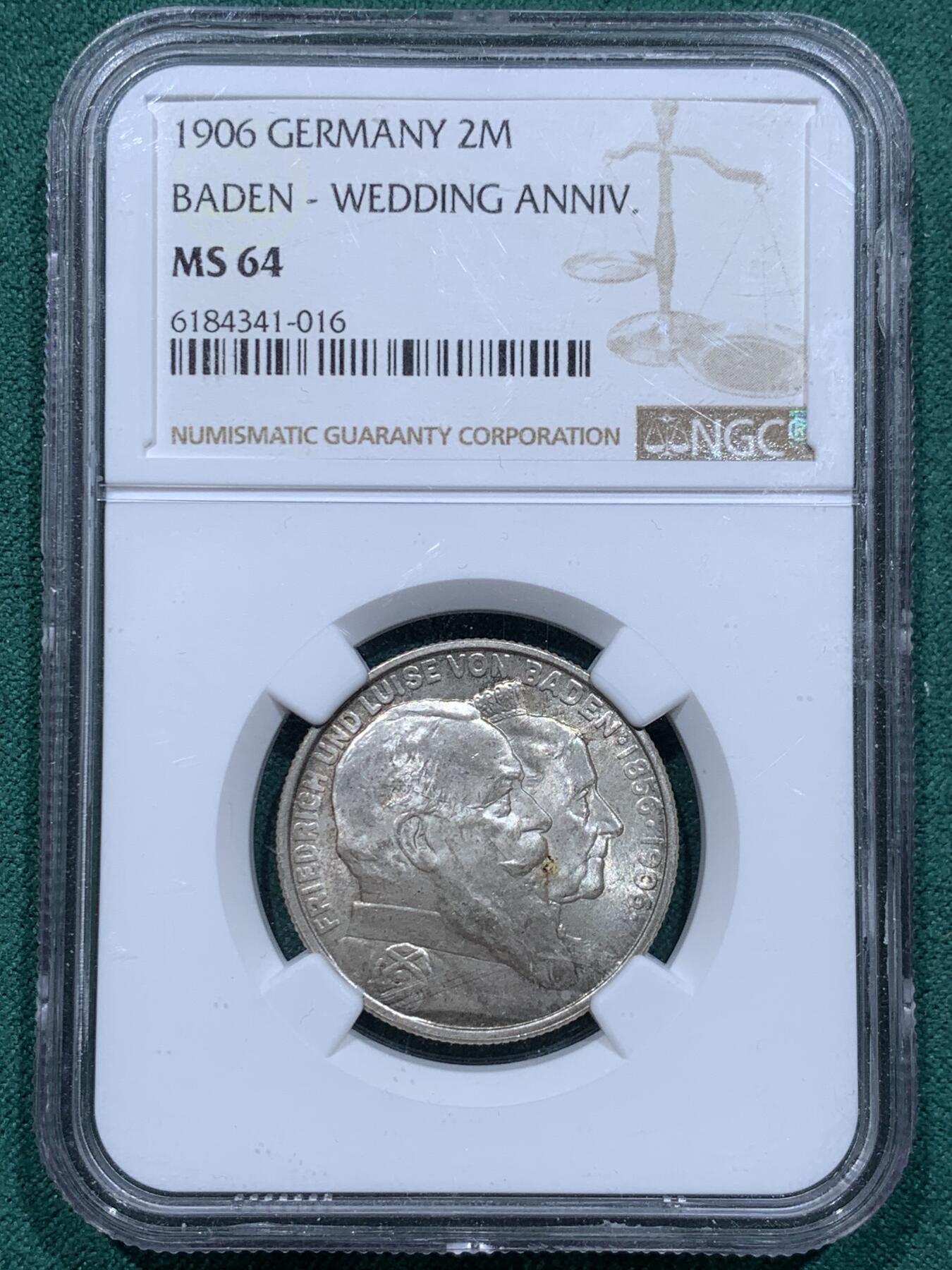 《竞宝斋》第345场 周日，周一，2场连拍 （全场包邮） NGC MS64 德国1906巴登银婚2马克银币