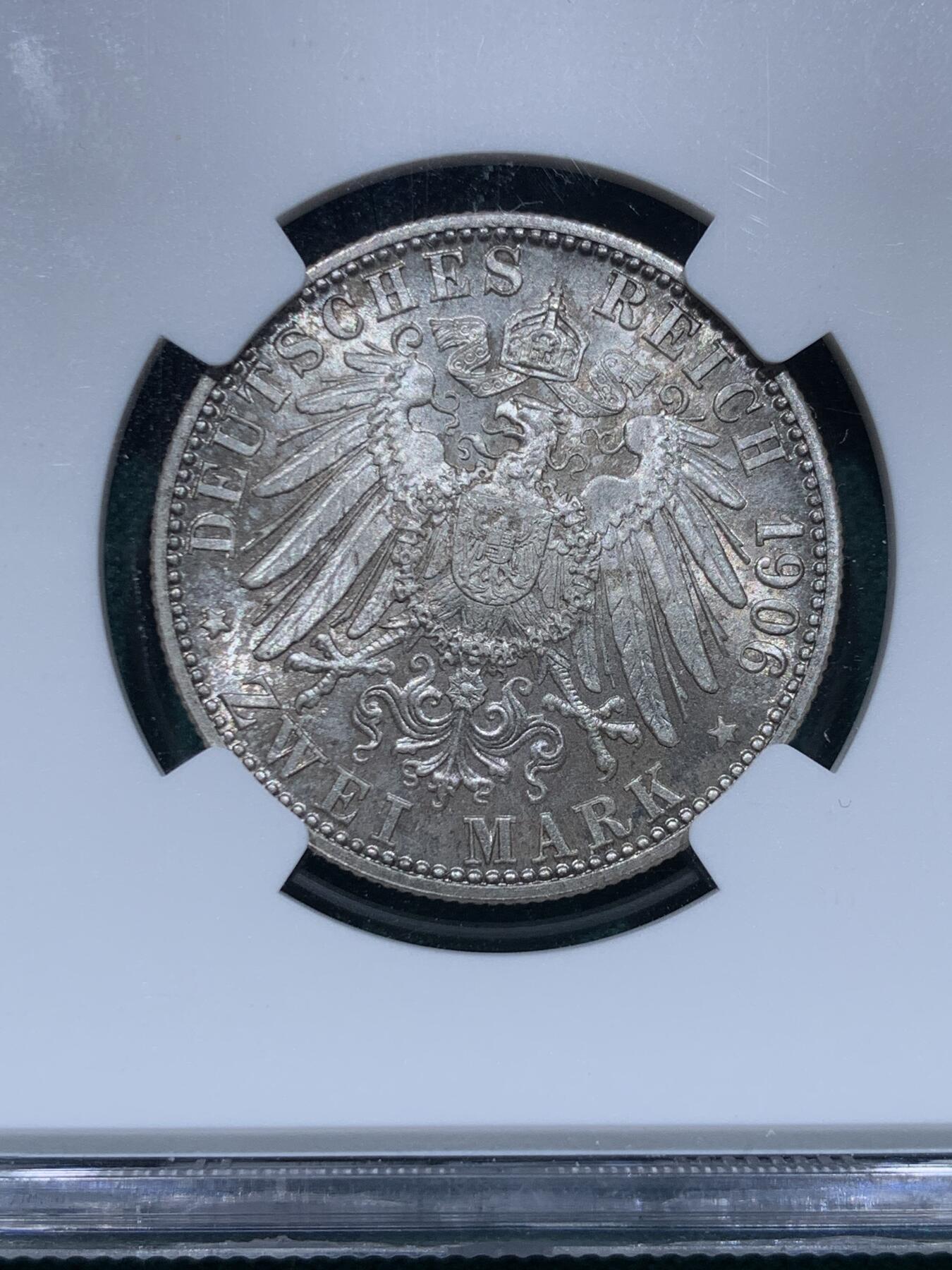 《竞宝斋》第345场 周日，周一，2场连拍 （全场包邮） NGC MS64 德国1906巴登银婚2马克银币