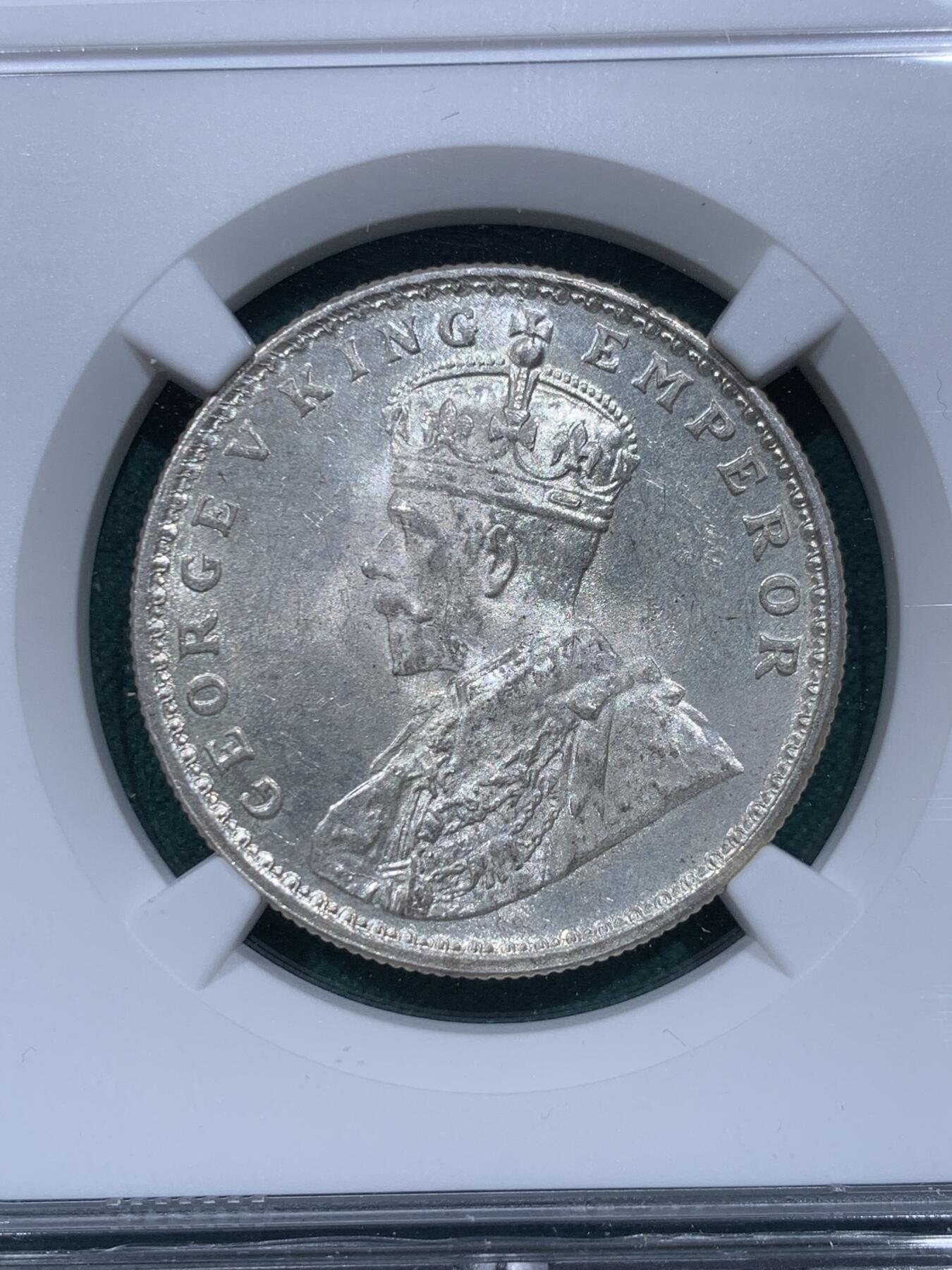 《竞宝斋》第345场 周日，周一，2场连拍 （全场包邮） NGC MS63 英属印度1920年1卢比银币C版 乔治五世 原光卷拆好品 好状态