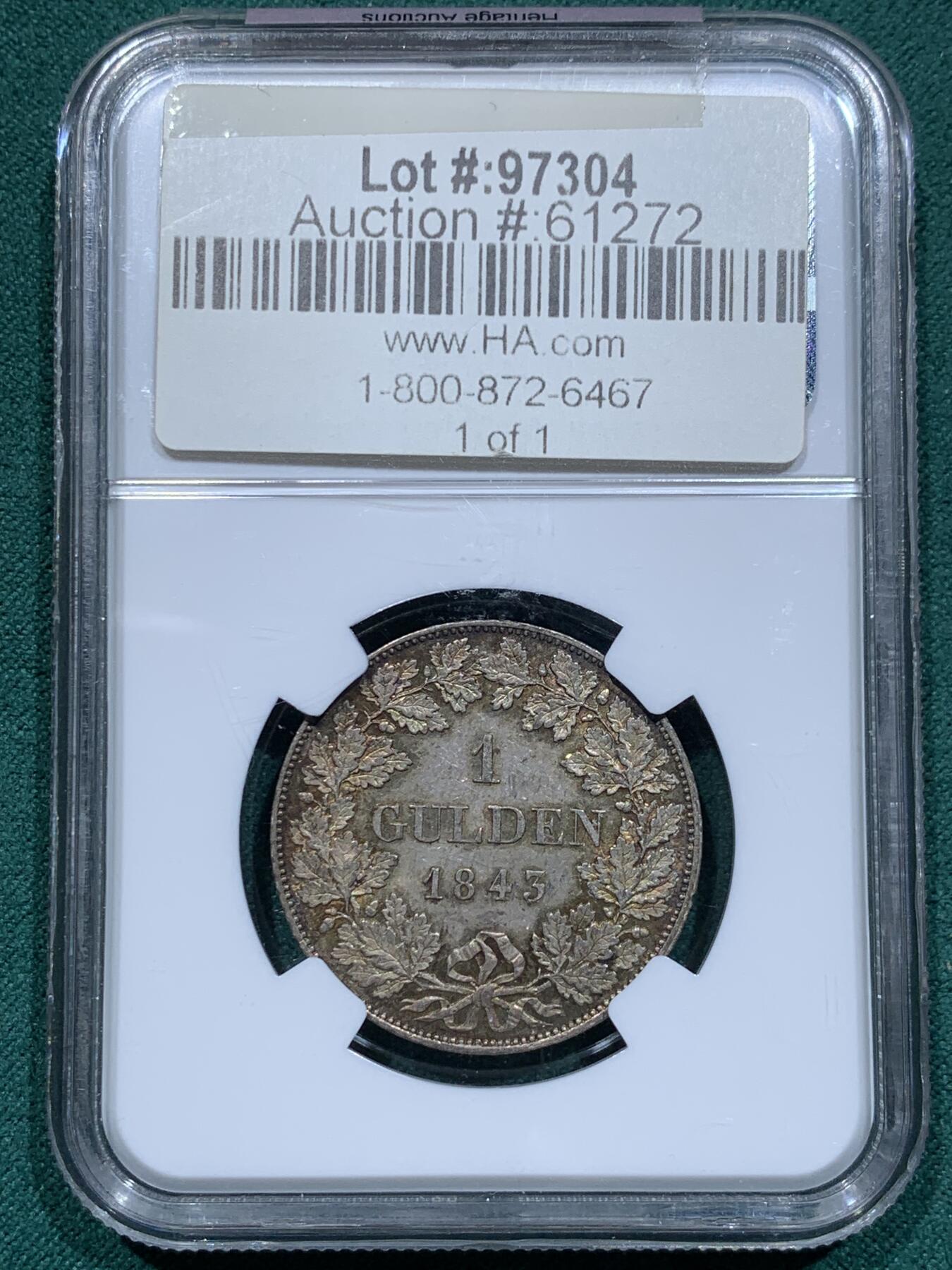《竞宝斋》第345场 周日，周一，2场连拍 （全场包邮） NGC MS61 德国1843施瓦茨堡1盾 小邦热门品种