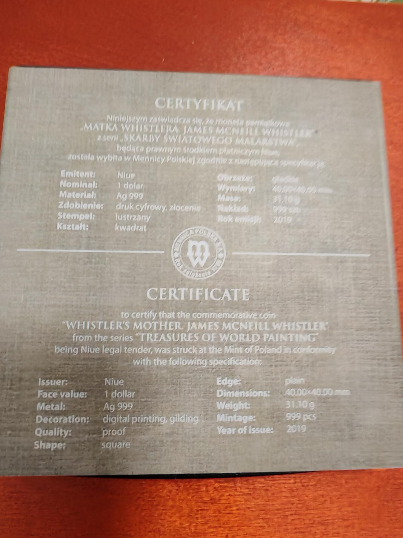 长老汇龙年精选第四十二场拍卖 2019纽埃名画魏思勒的母亲1元彩色方形精制银币，盒证全，市场价650元