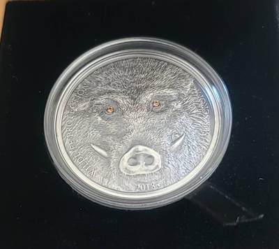 【币将精彩】世界钱币拍卖拍卖（2026-4-28） 蒙古2018年野猪仿古水晶镶嵌1盎司银币带证书包装